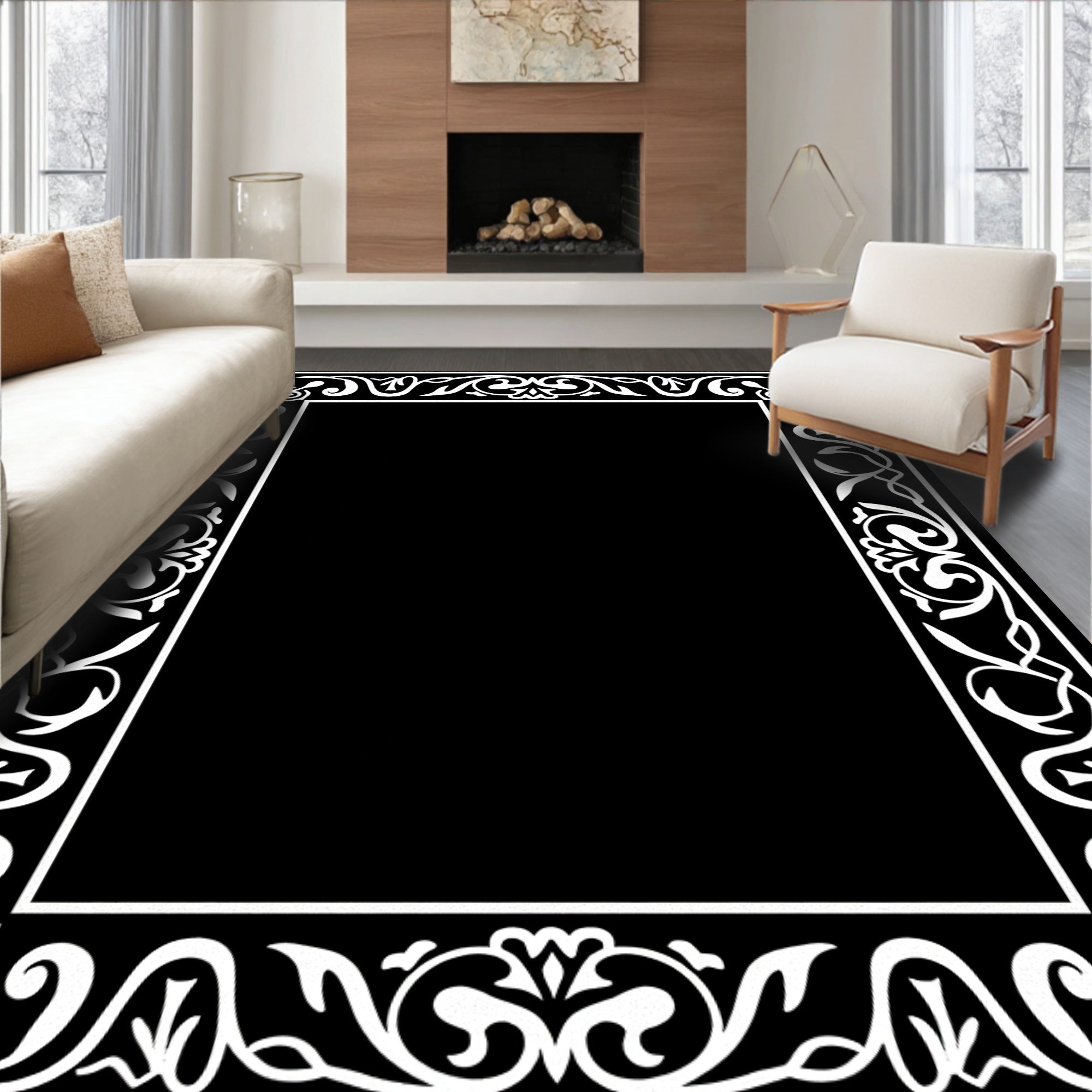 Classic Floral Scrollwork Frame Design Rug