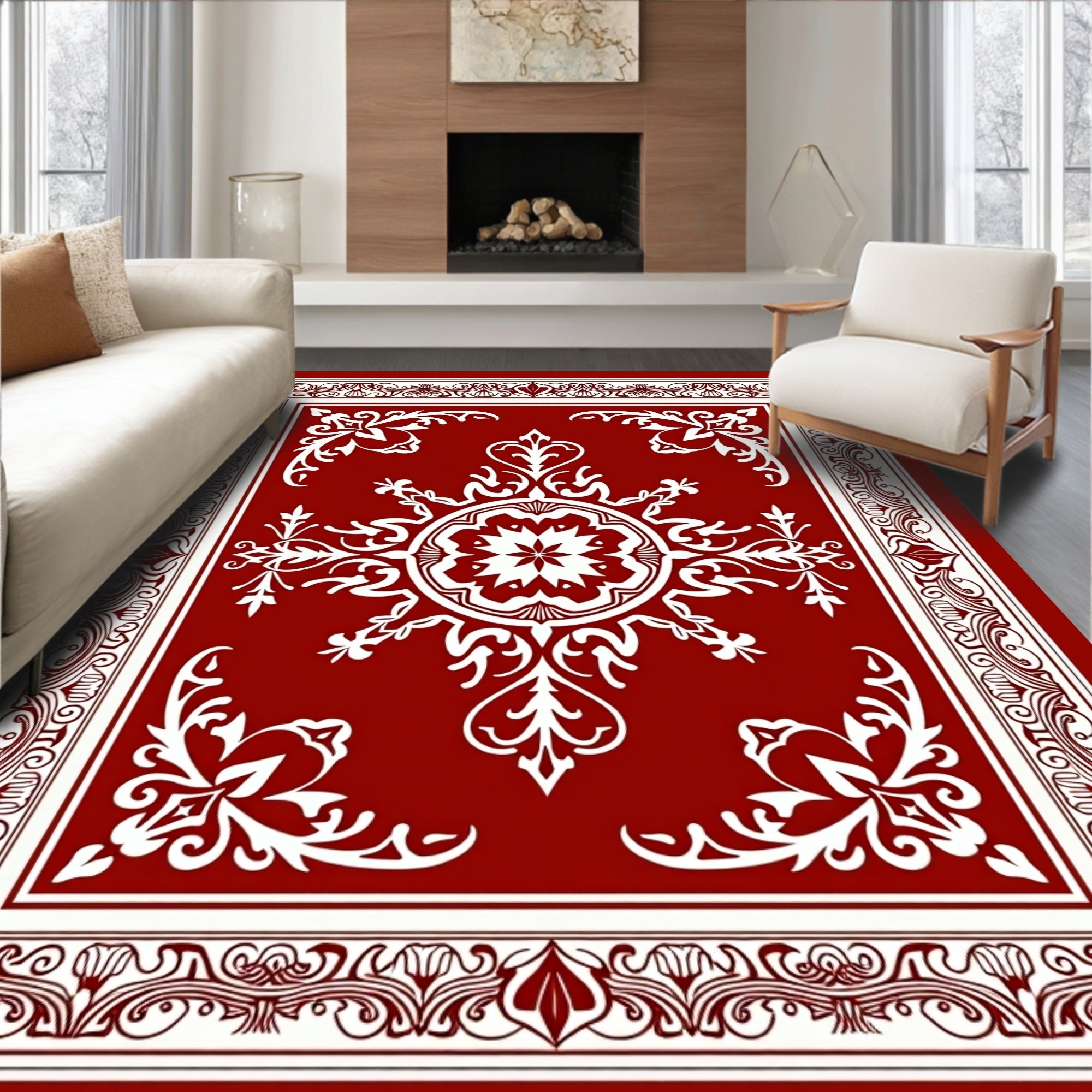 Classic Red Ornamental Floral Pattern Rug