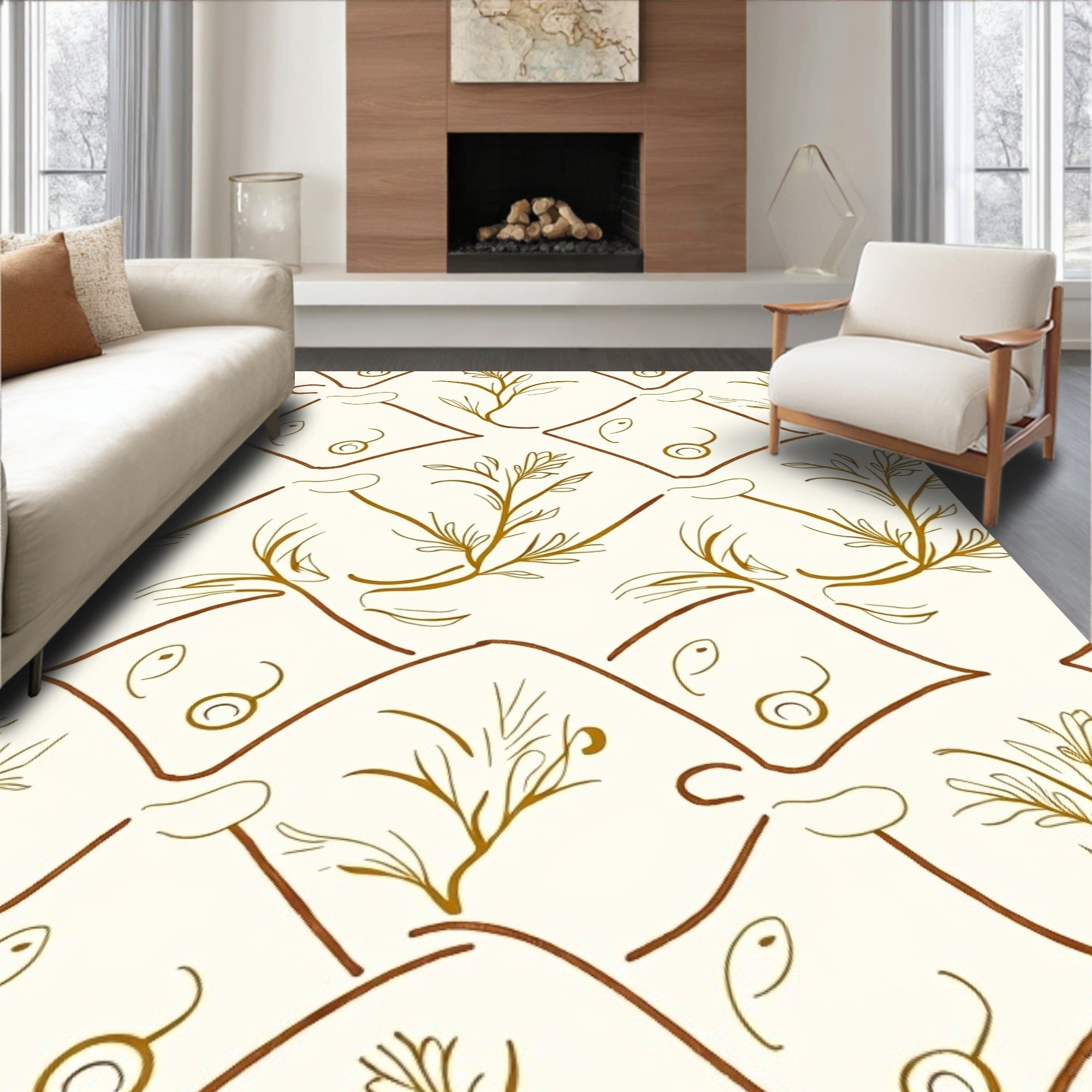 Organic Brown Gold Sketchy Vine Rug