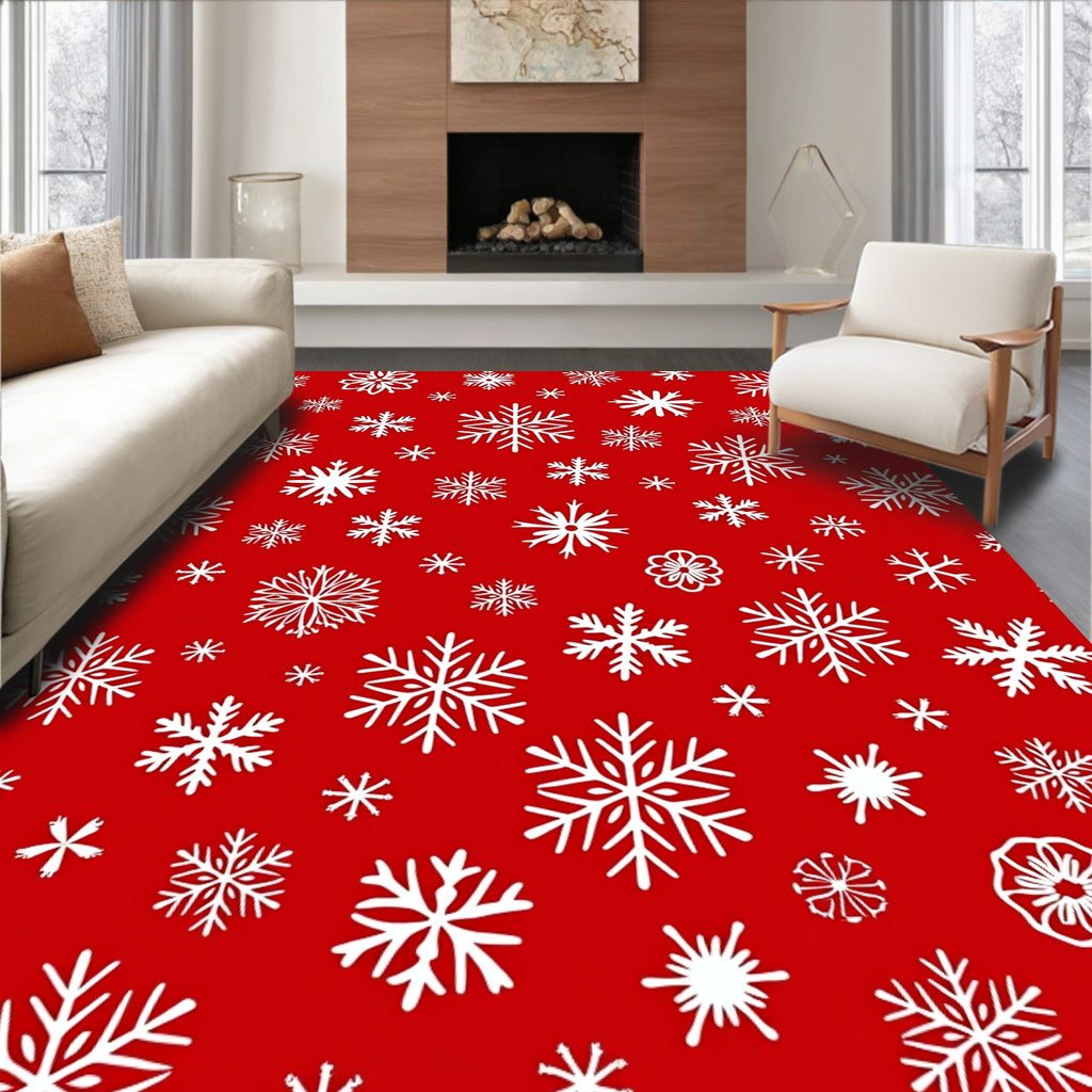 Christmas Snowflake Patterned White Red Rug