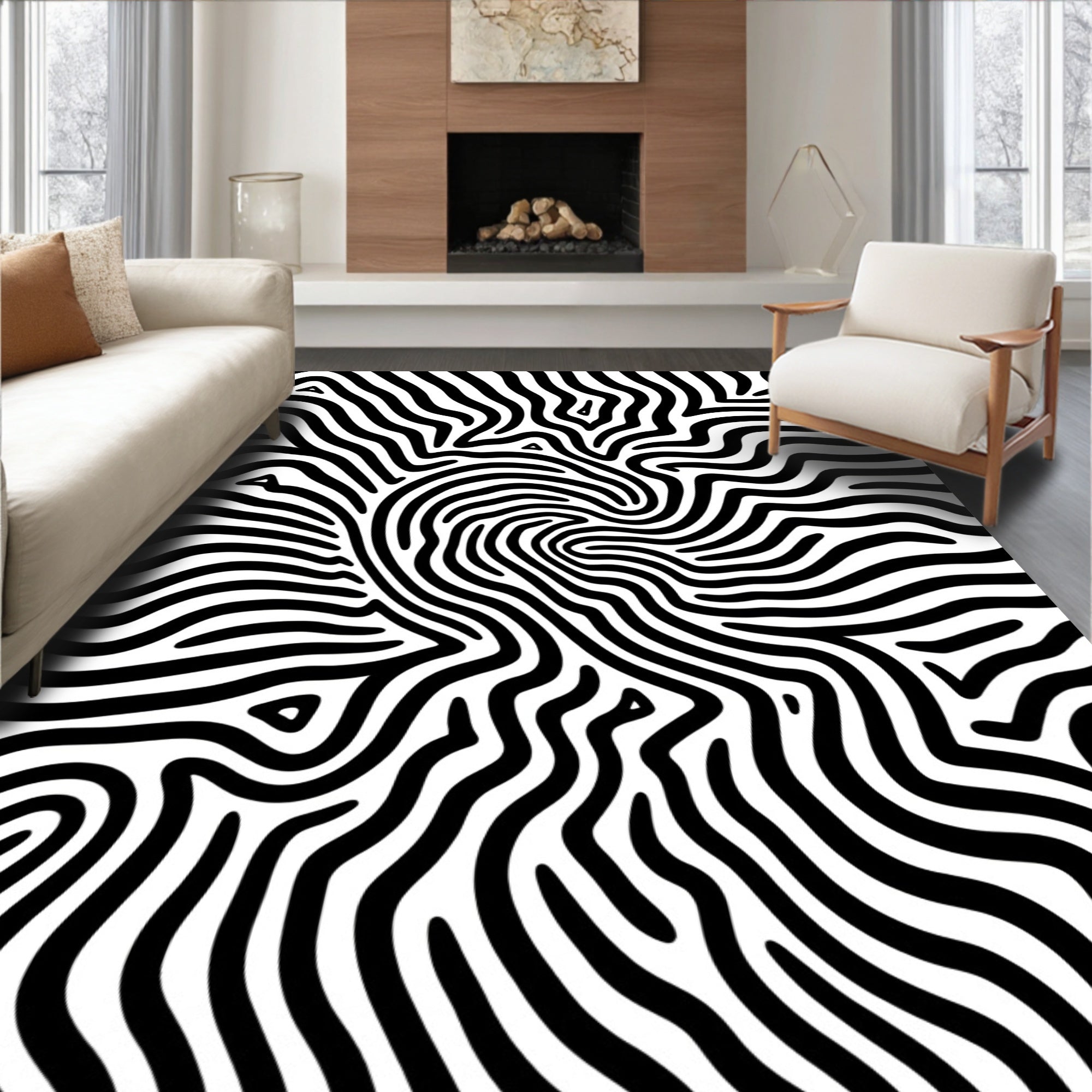 Monochrome Organic Wavy Pattern Rug