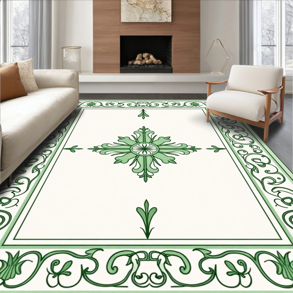 Ornate Green Floral Border Design Rug