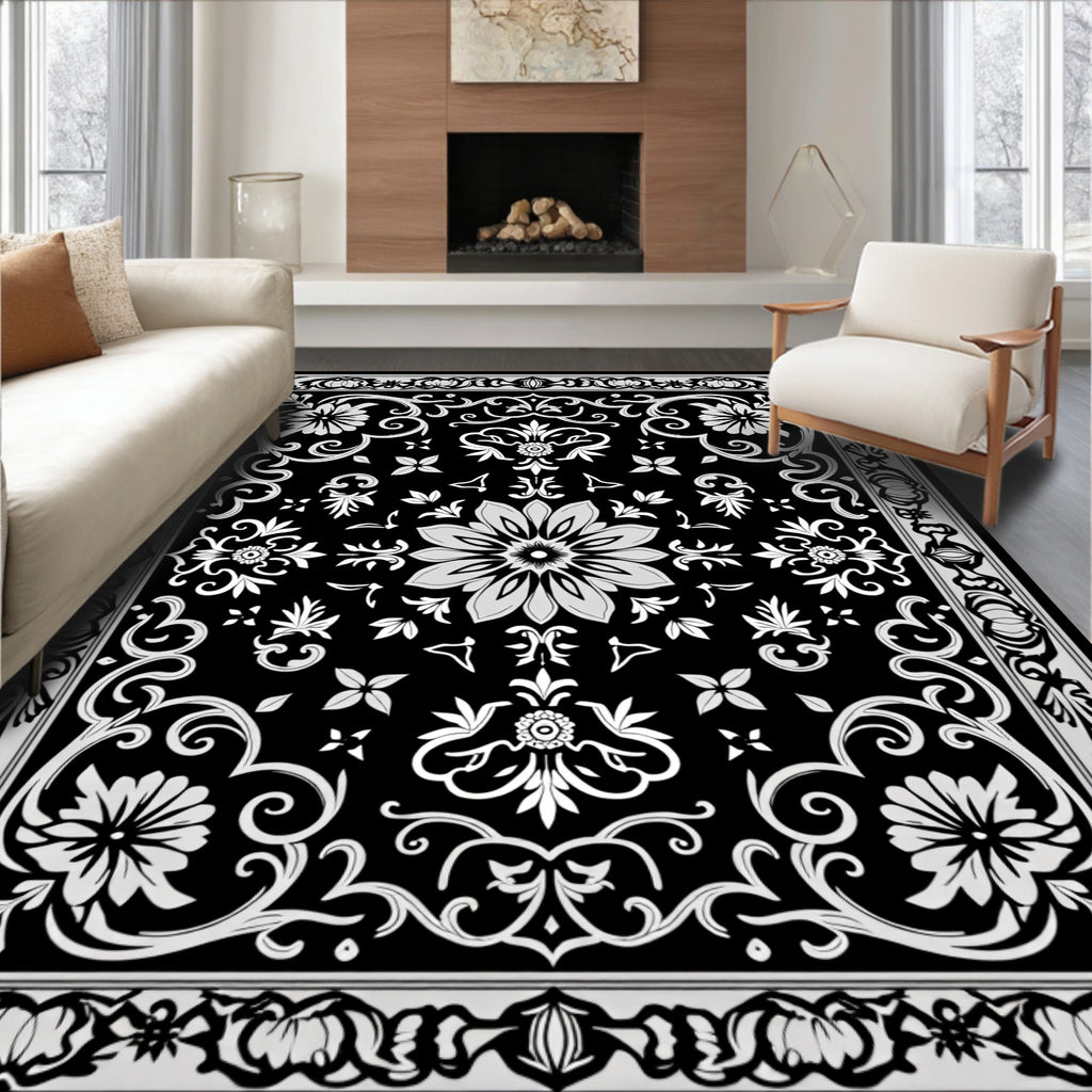 Classic Black White Floral Border Design Rug