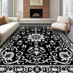 Classic Black White Floral Border Design Rug