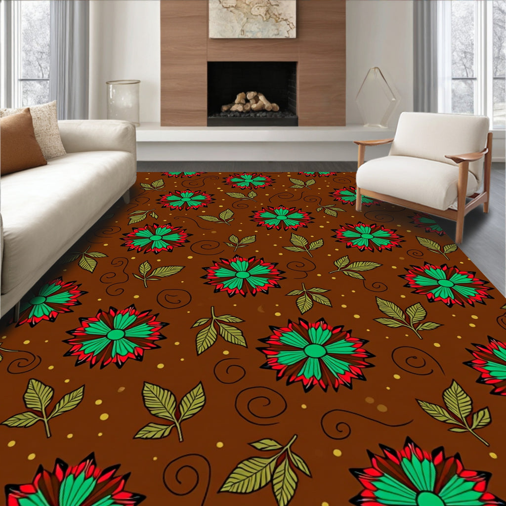 Red Green Floral Swirls Pattern Rug