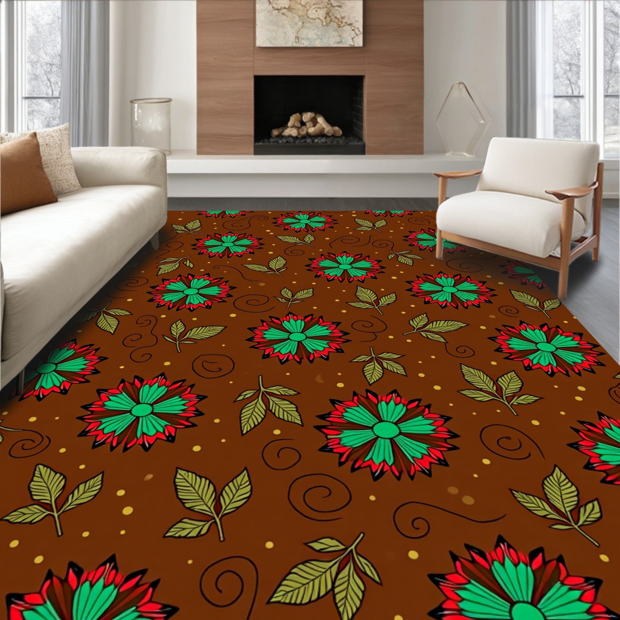 Red Green Floral Swirls Pattern Rug