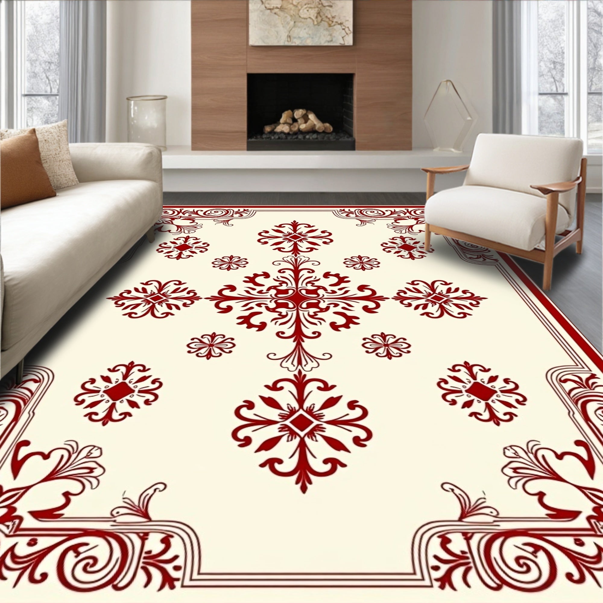 Traditional Red Cream Damask Rug