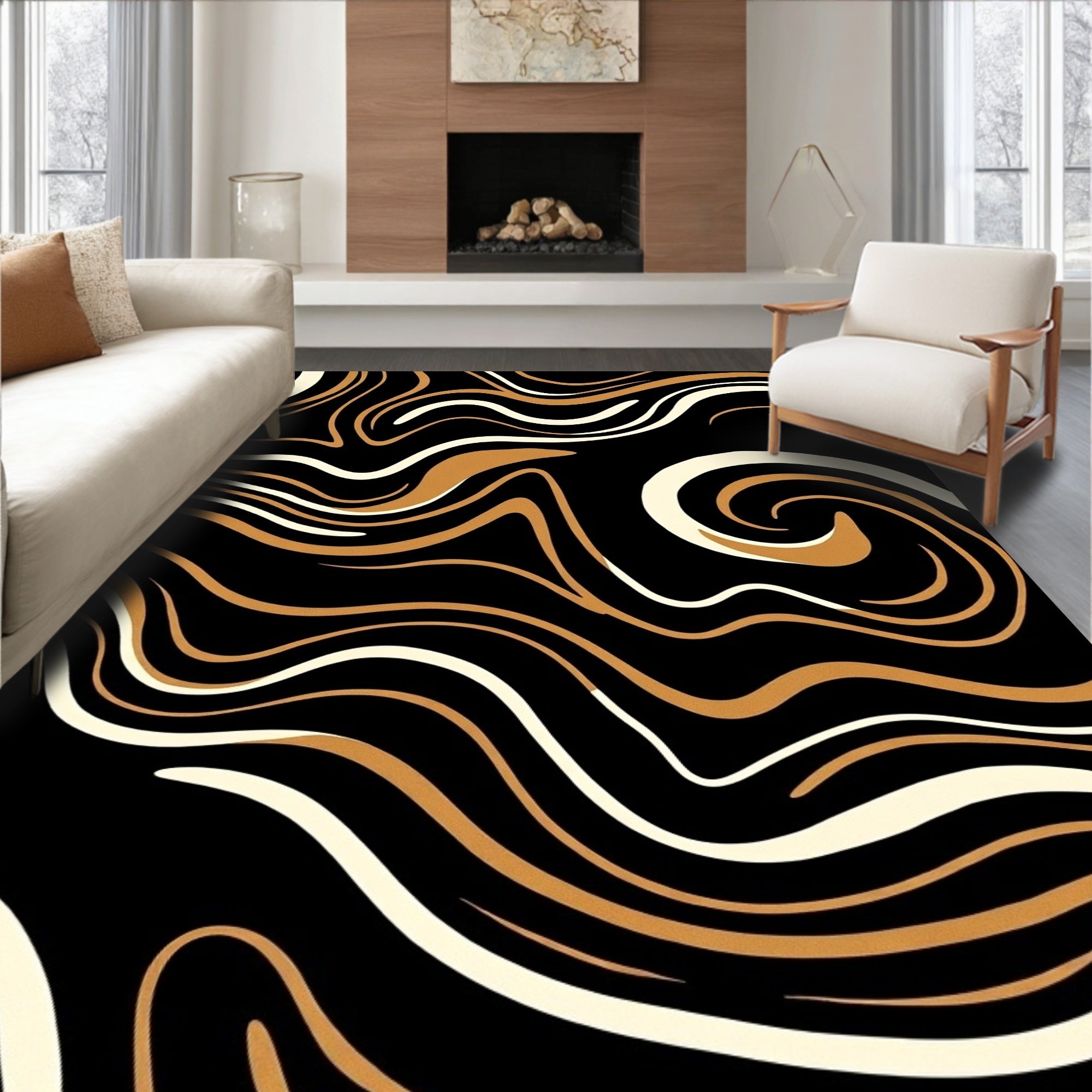 Abstract Swirls Black Gold Rug