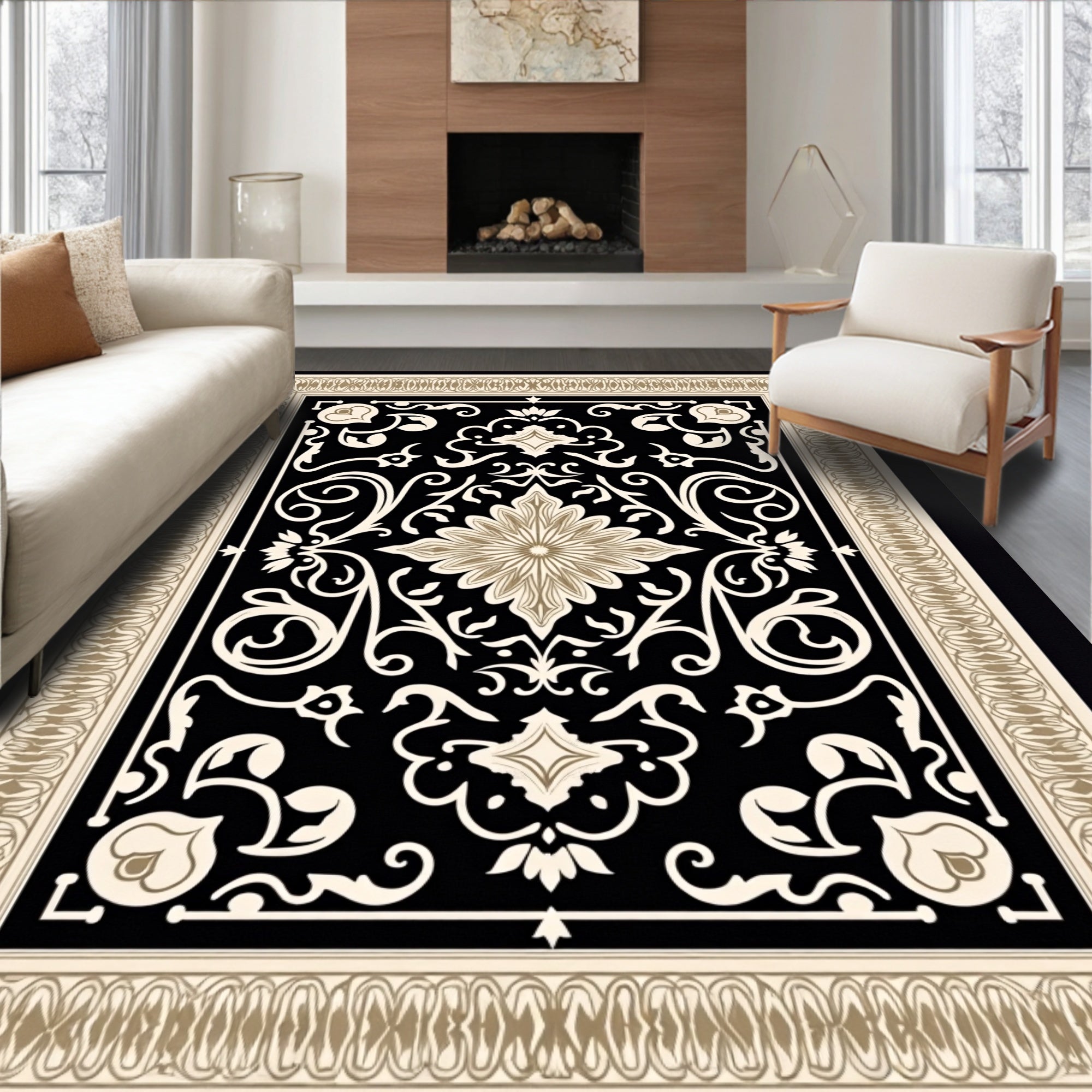 Classic Black Gold Floral Pattern Rug