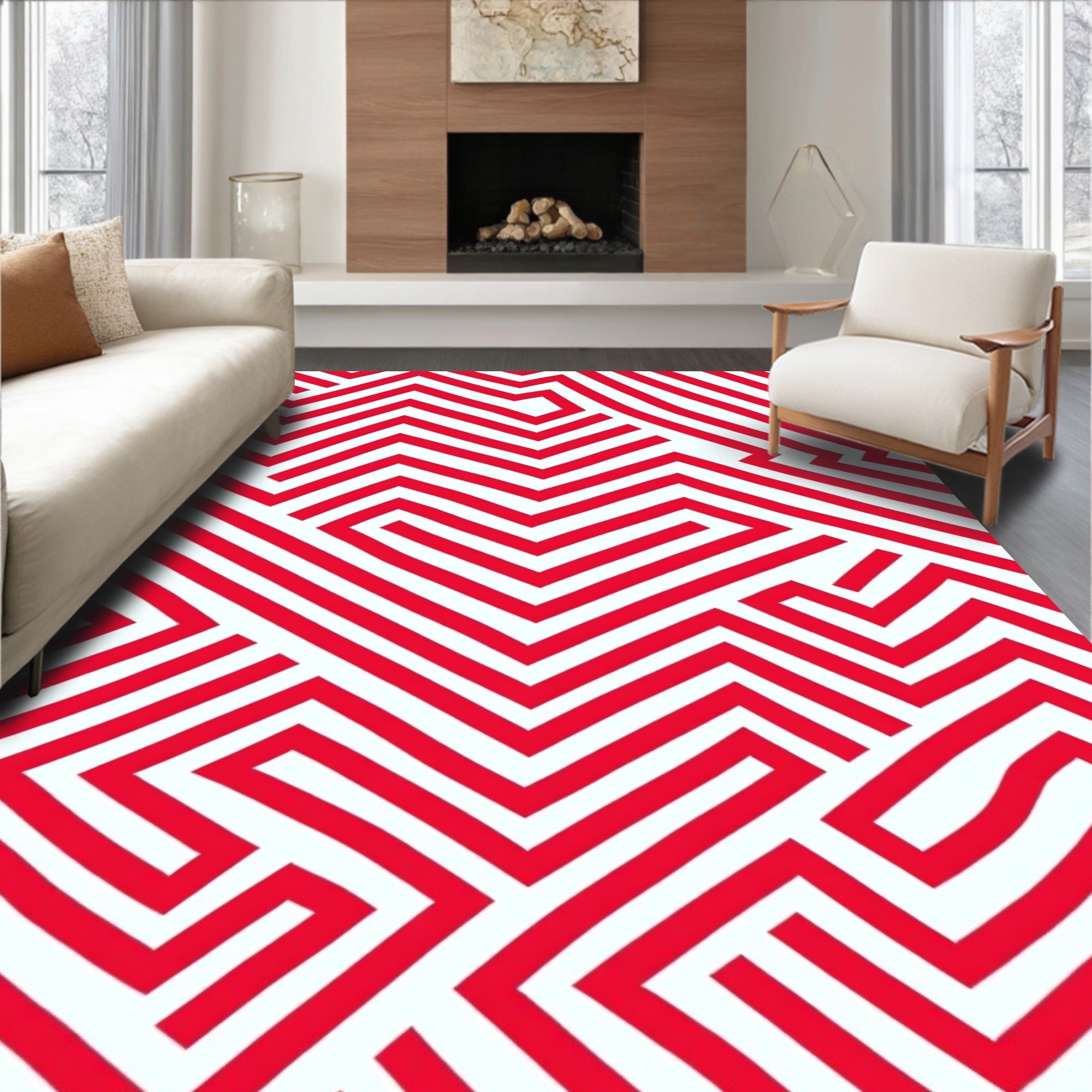 Bold Red Geometric Maze Rug
