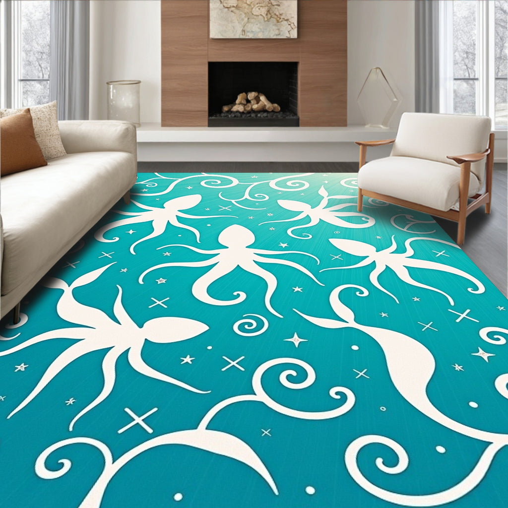 White Octopus Aquatic Swirls Design Rug
