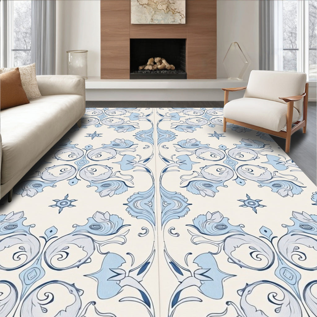 Blue Scroll Floral Classic Pattern Rug