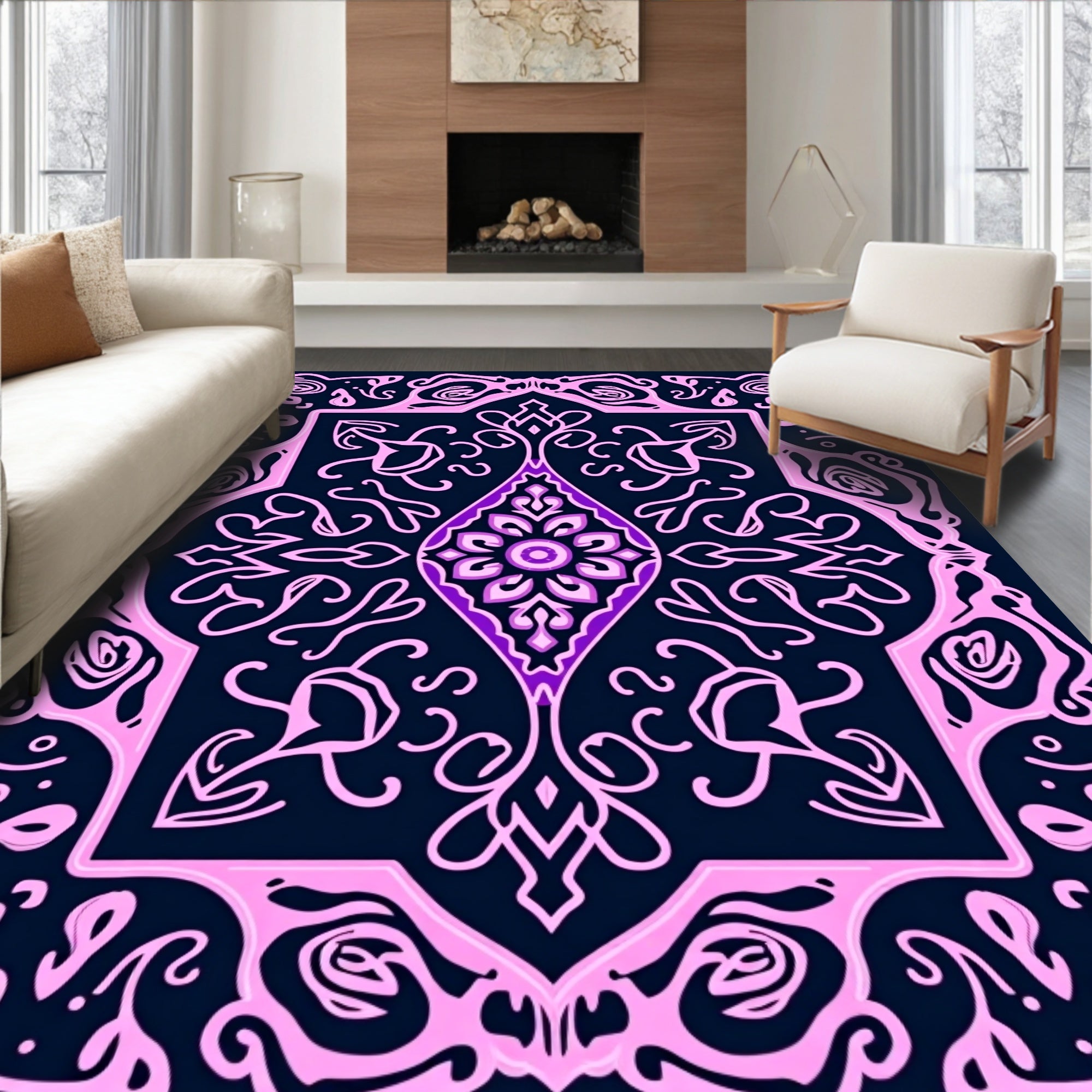 Intricate Floral Pink Violet Outline Rug