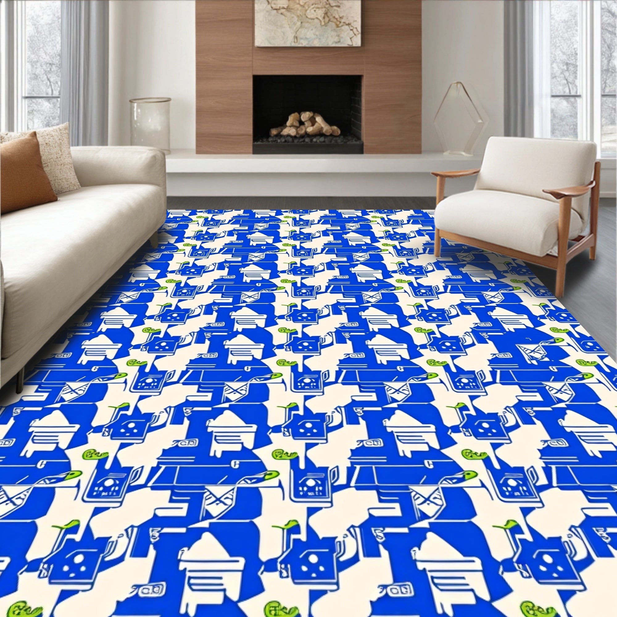Bold Blue White Abstract Pattern Rug