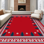 Red Nordic Tree And Snowflake Border Rug