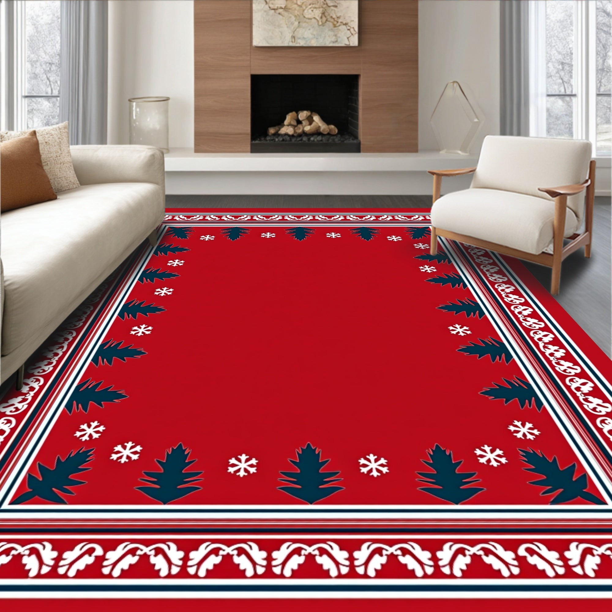 Red Nordic Tree And Snowflake Border Rug