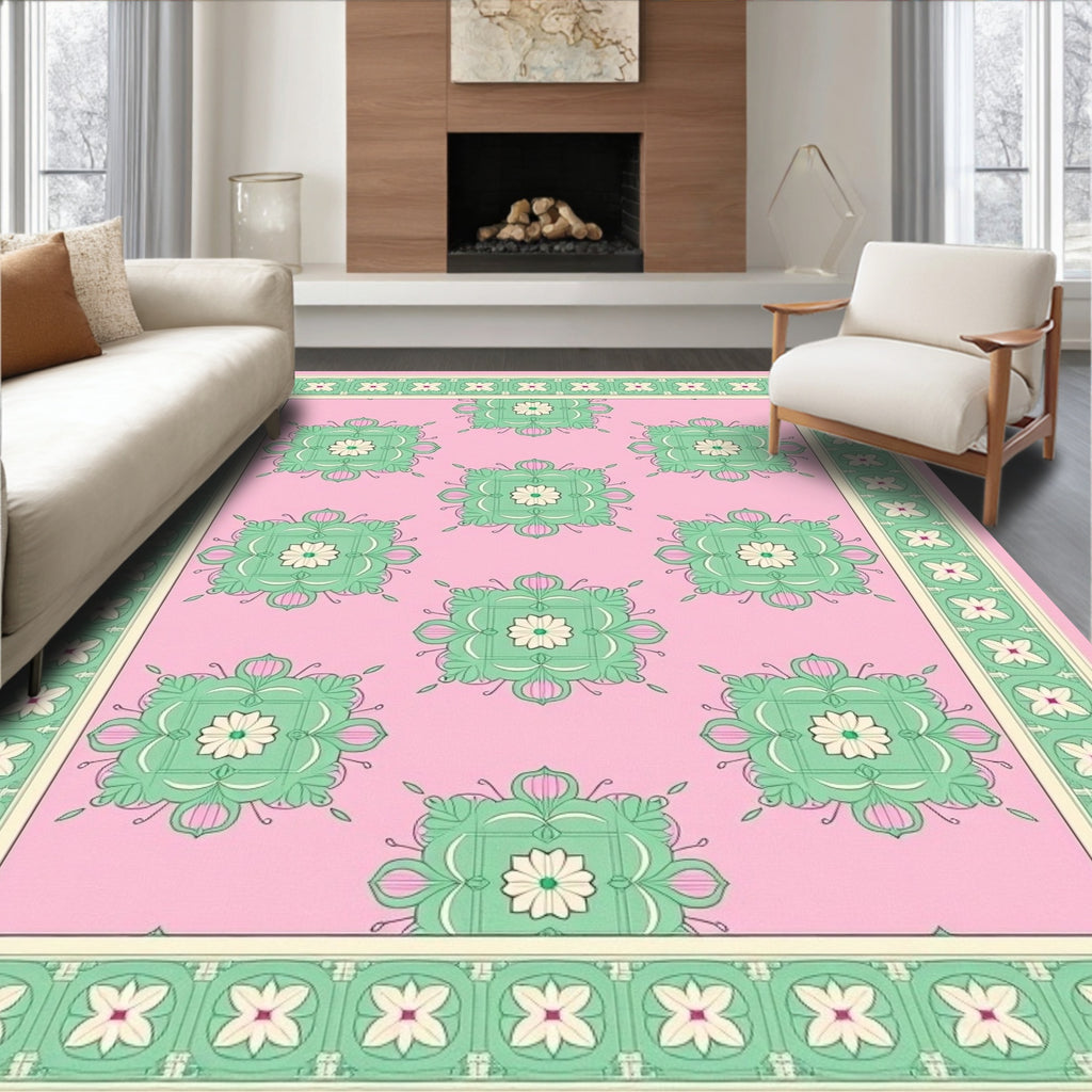 Floral Medallion Patterned Soft Pink Rug