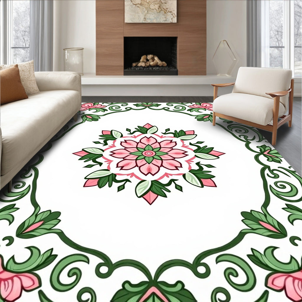 Pink Floral Swirl Frame Design Rug