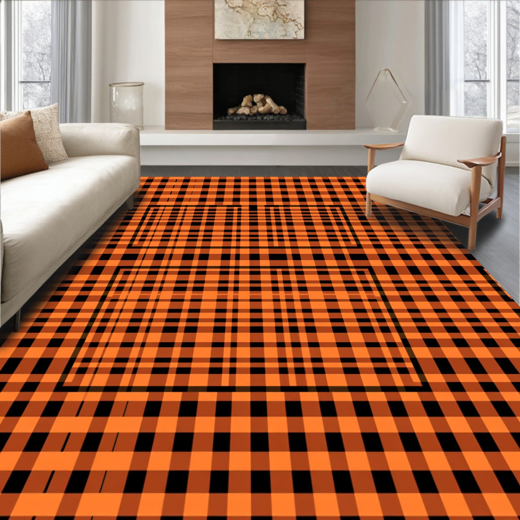 Bold Orange Black Plaid Pattern Rug