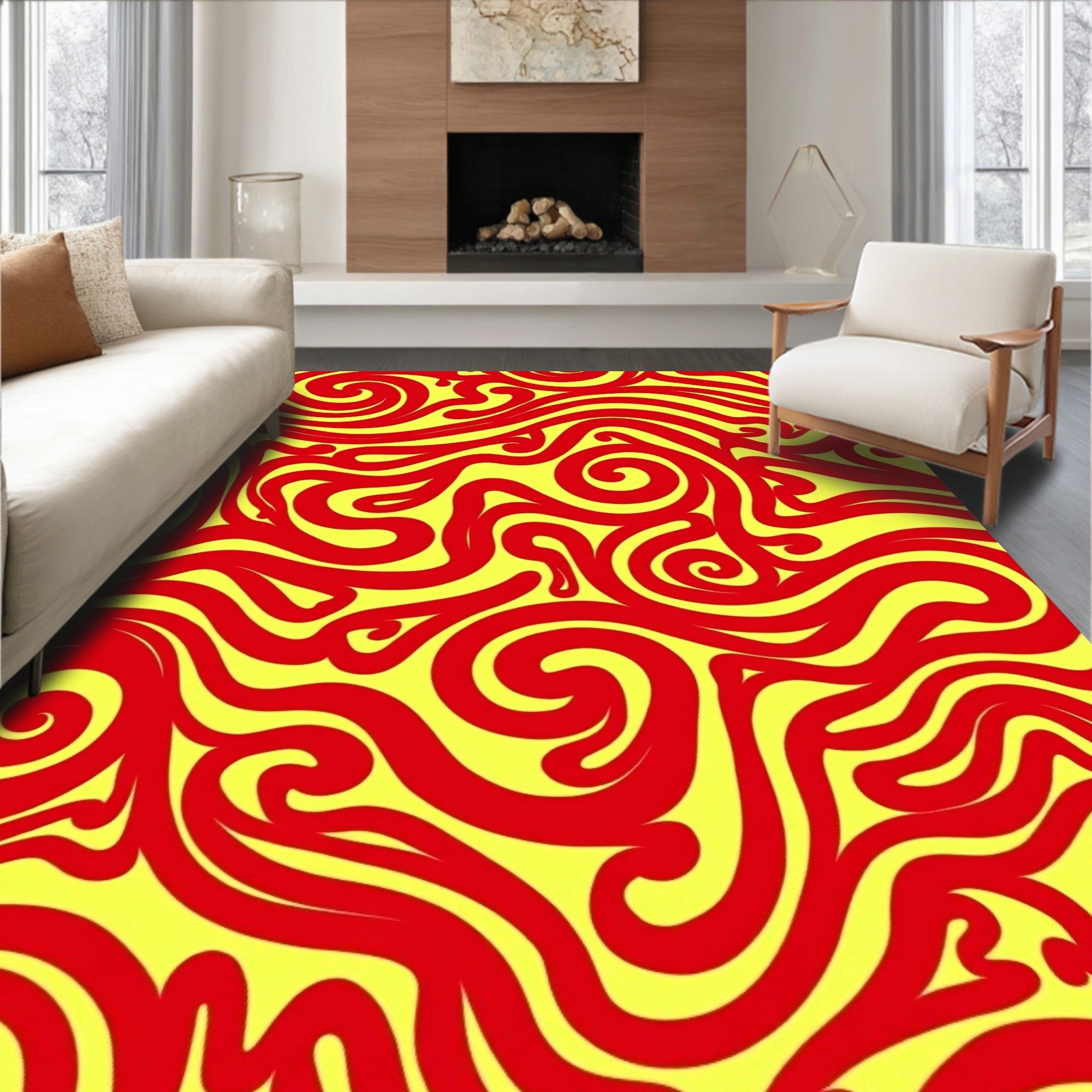 Vibrant Red Yellow Swirls Pattern Rug