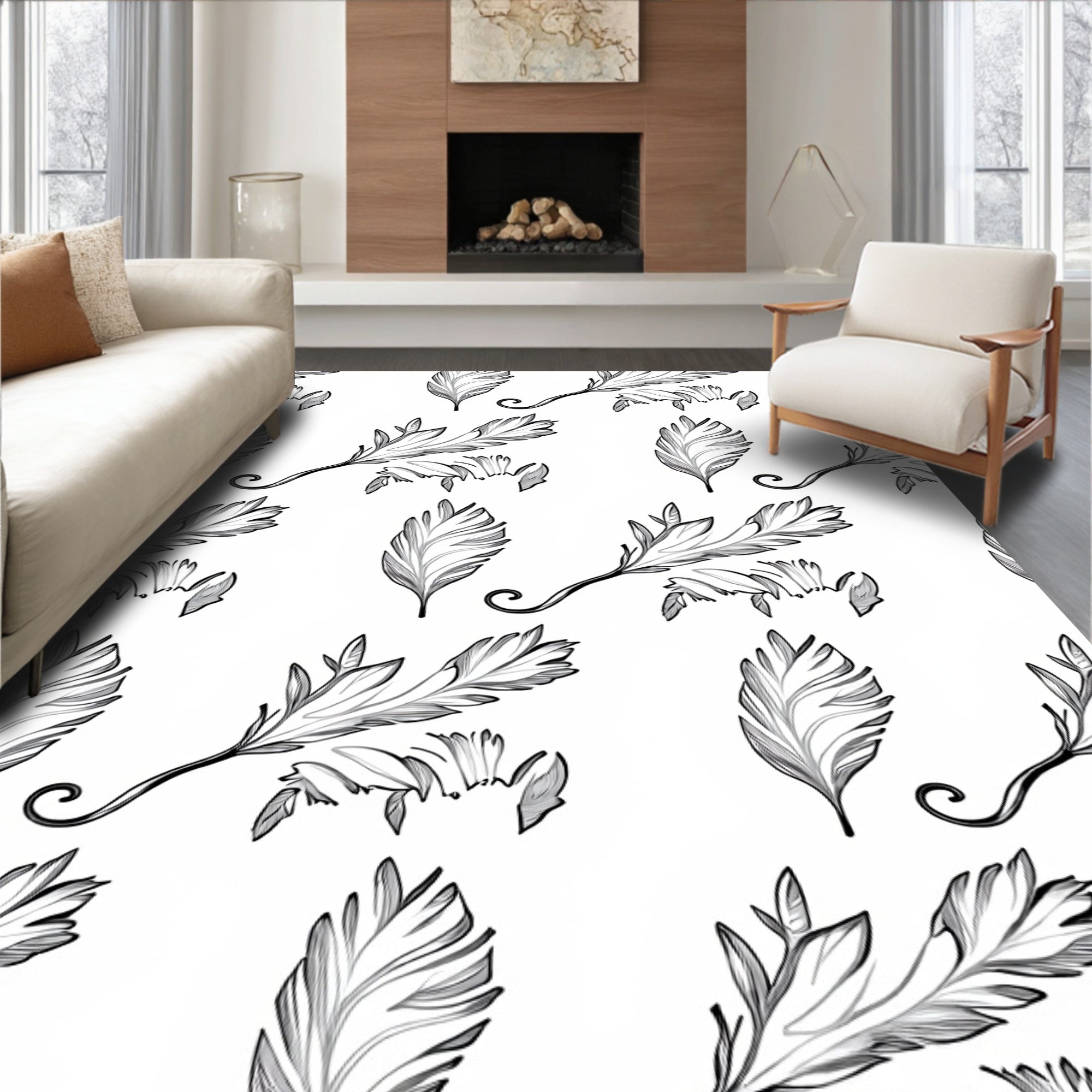 Elegant Feather Leaf Pattern Rug