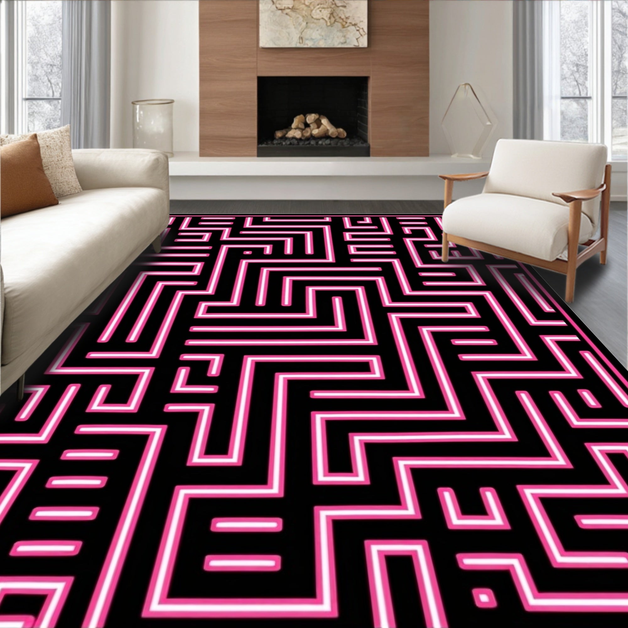 Black Pink Maze Pattern Rug