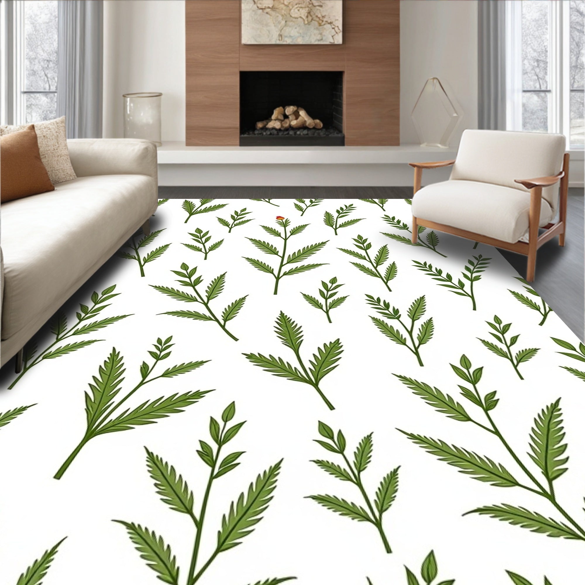 Green Leafy Branch Pattern Rug