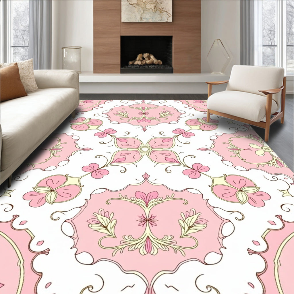 Delicate Pink Floral Medallion Design Rug