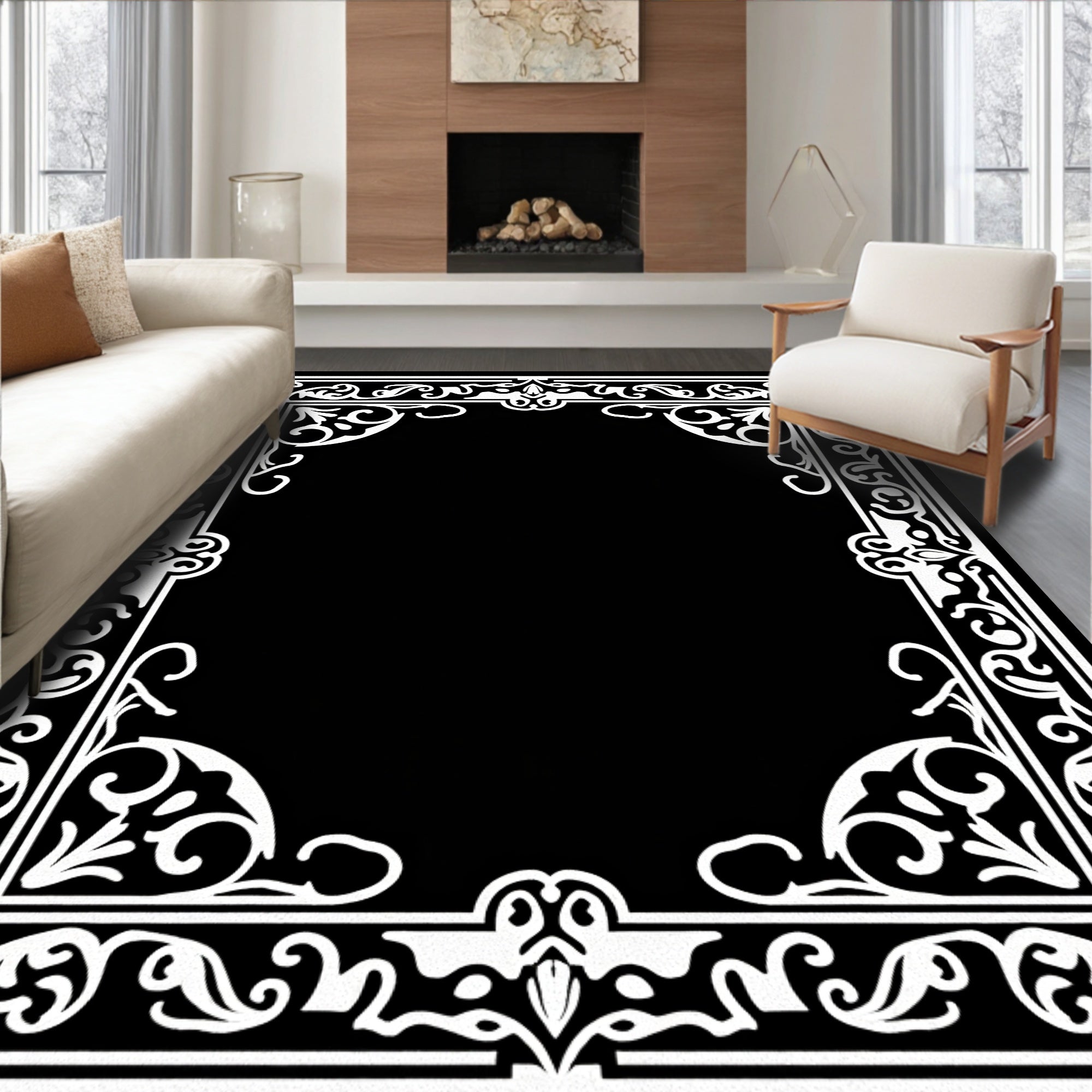 Ornamental Floral Scrollwork Frame Design Rug