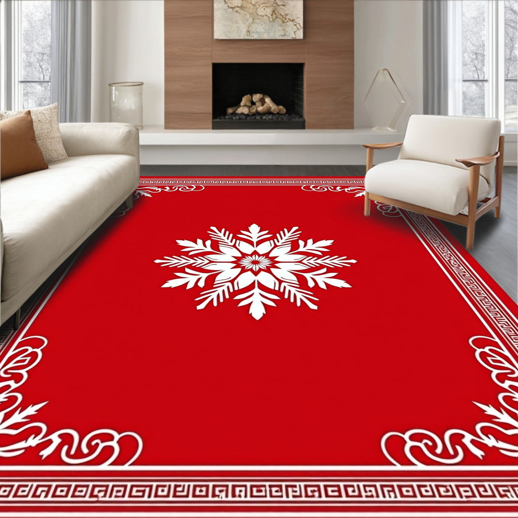 Red White Snowflake Floral Border Design Rug