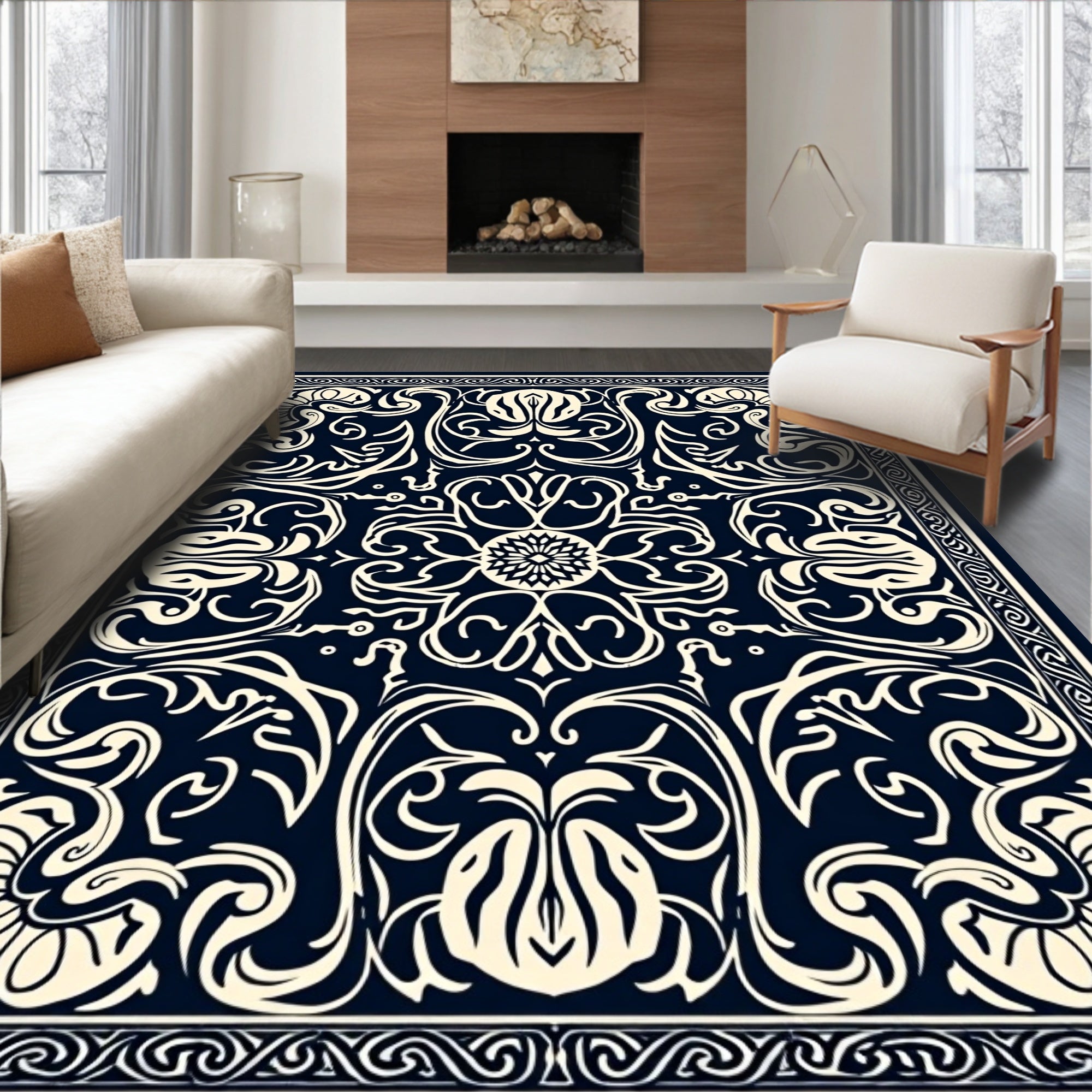 Classic Cream Navy Floral Pattern Rug
