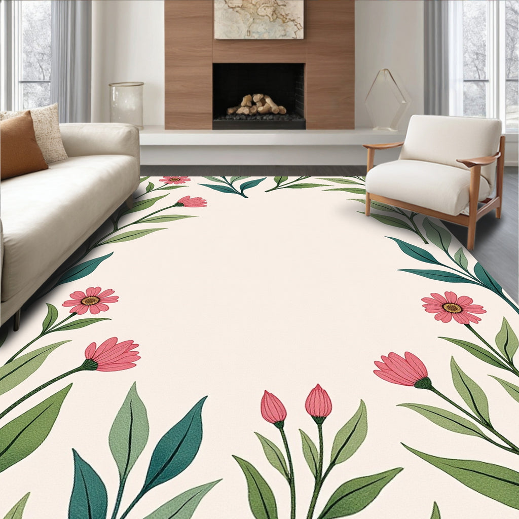 Pink Blossom Leaf Garden Pattern Rug