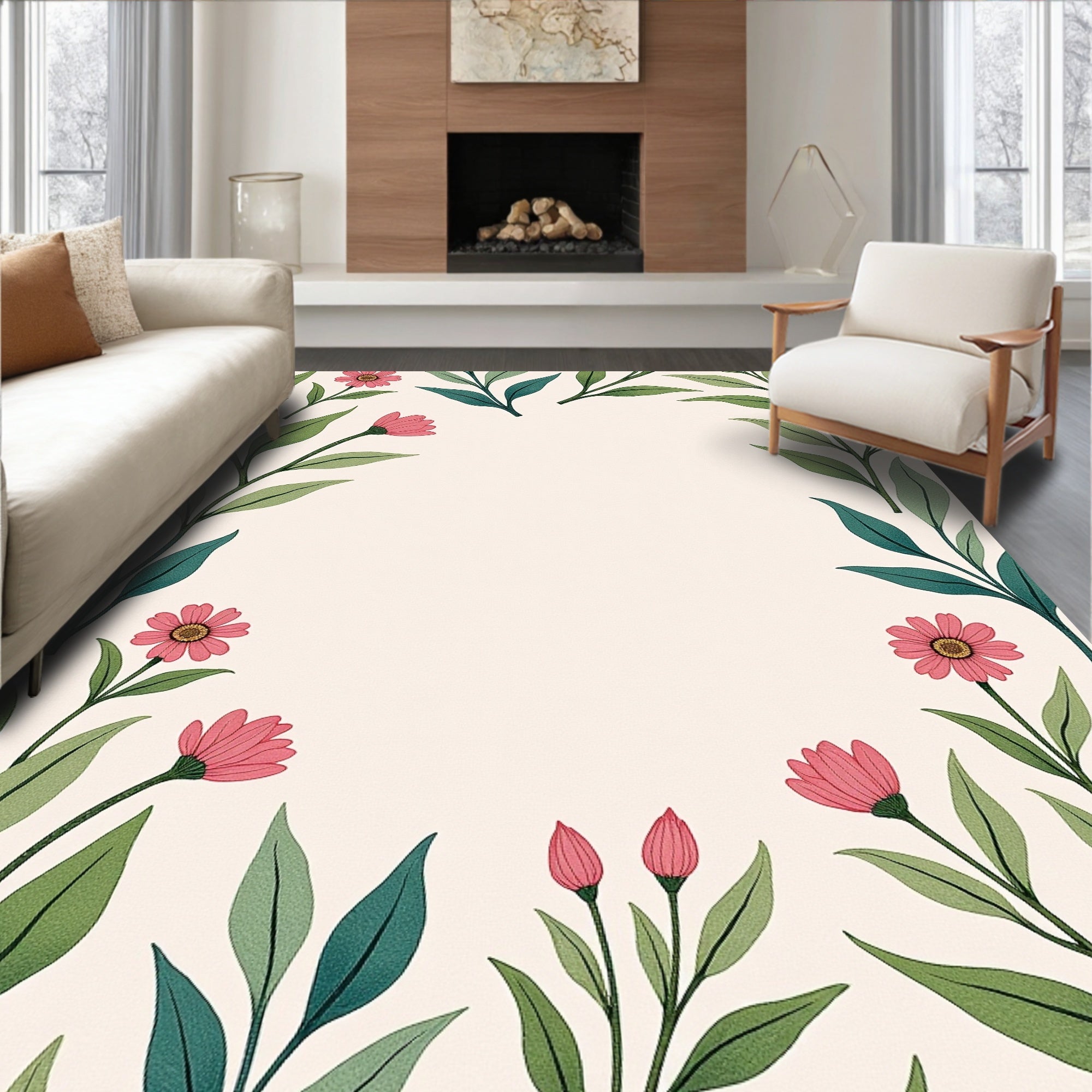 Pink Blossom Leaf Garden Pattern Rug
