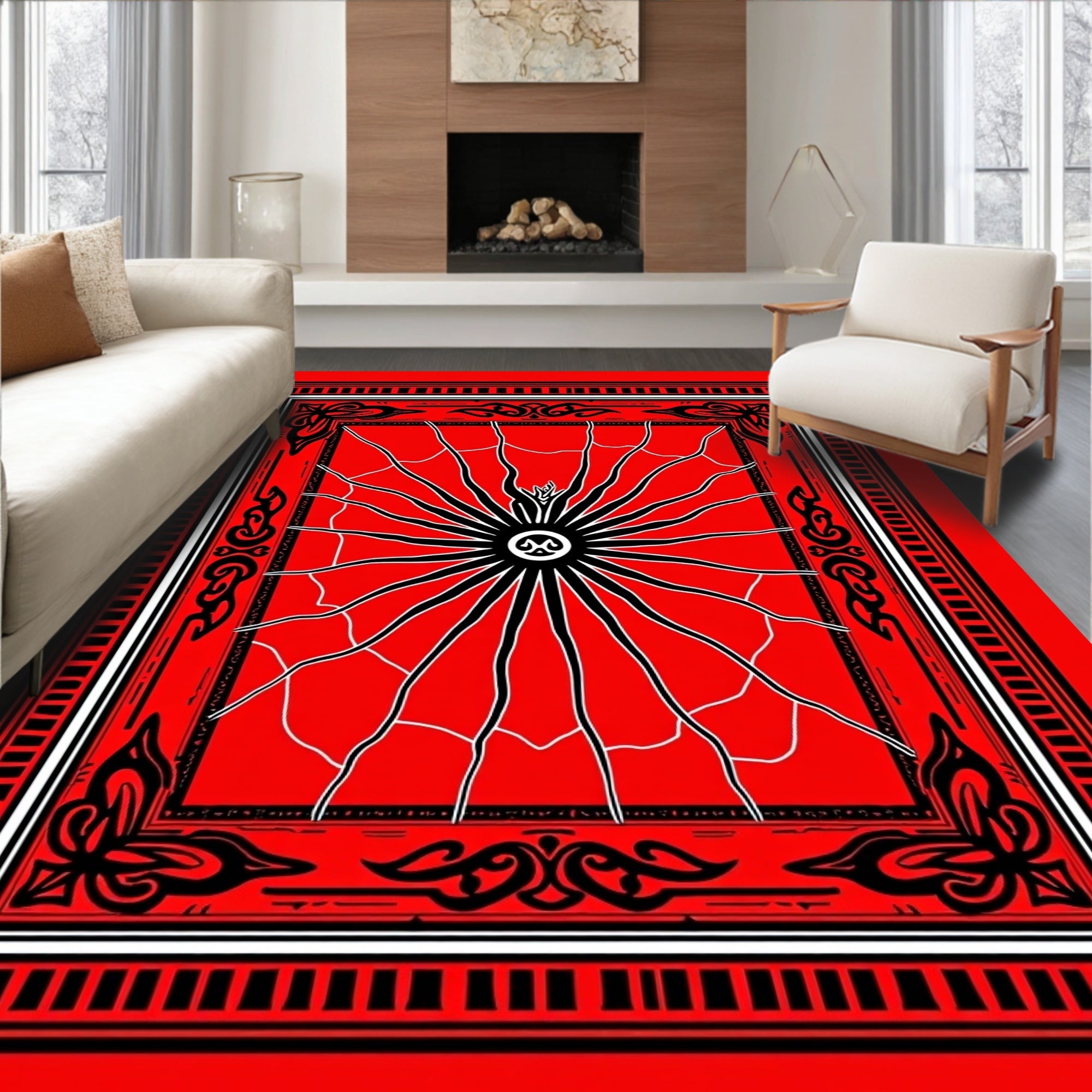 Bold Spiderweb And Floral Motif Rug