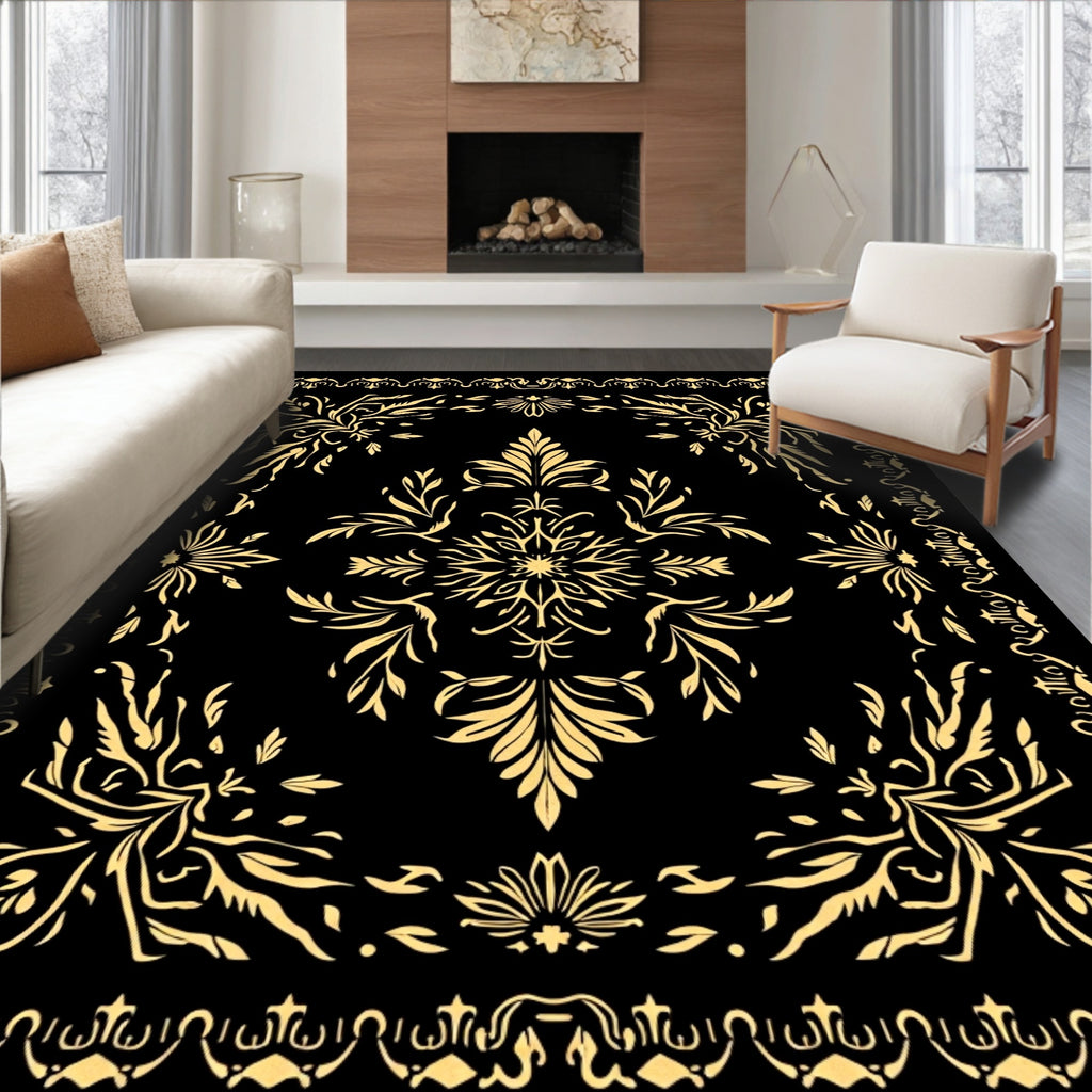 Golden Floral Medallion Black Vintage Rug