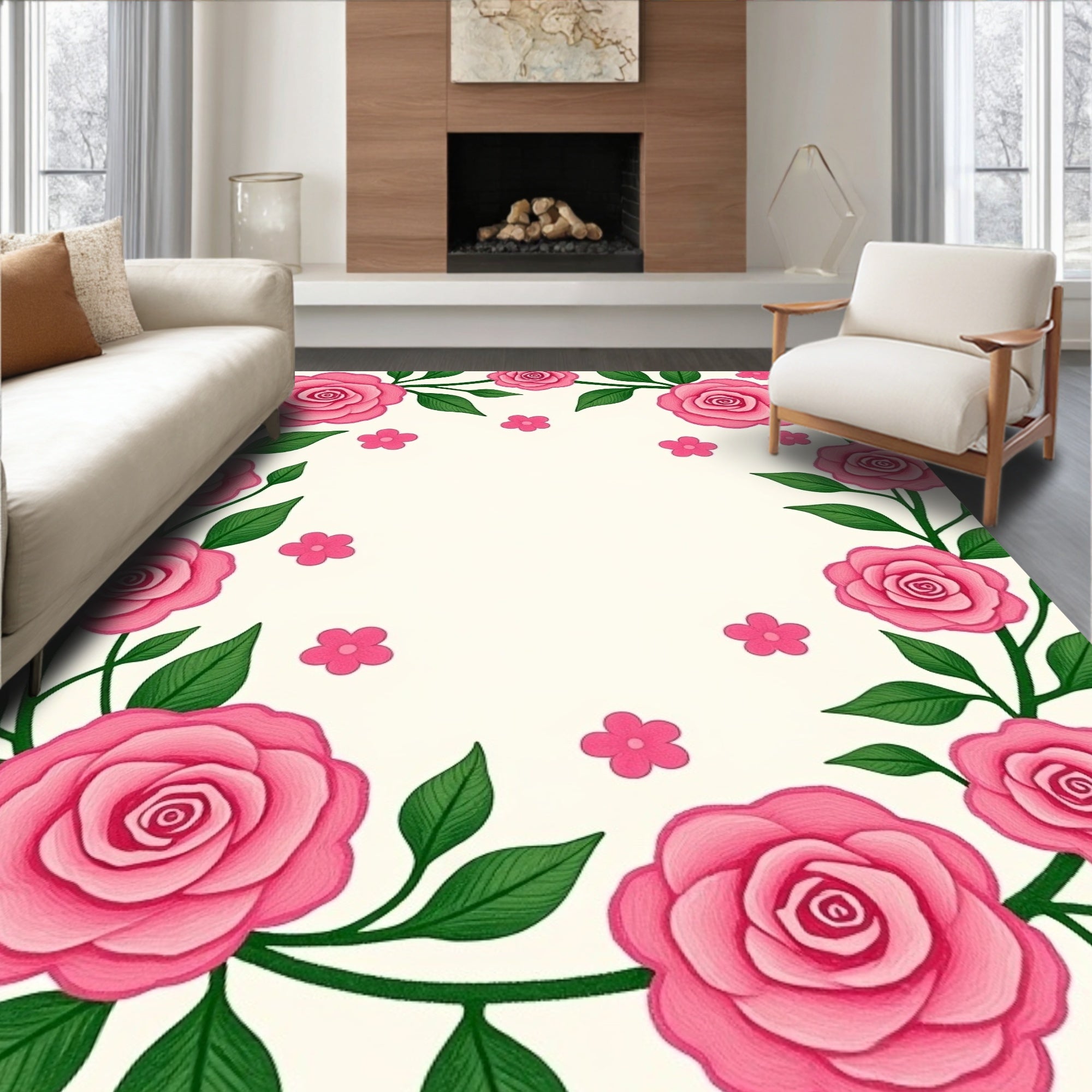 Pink Roses And Green Leaves Border Rug