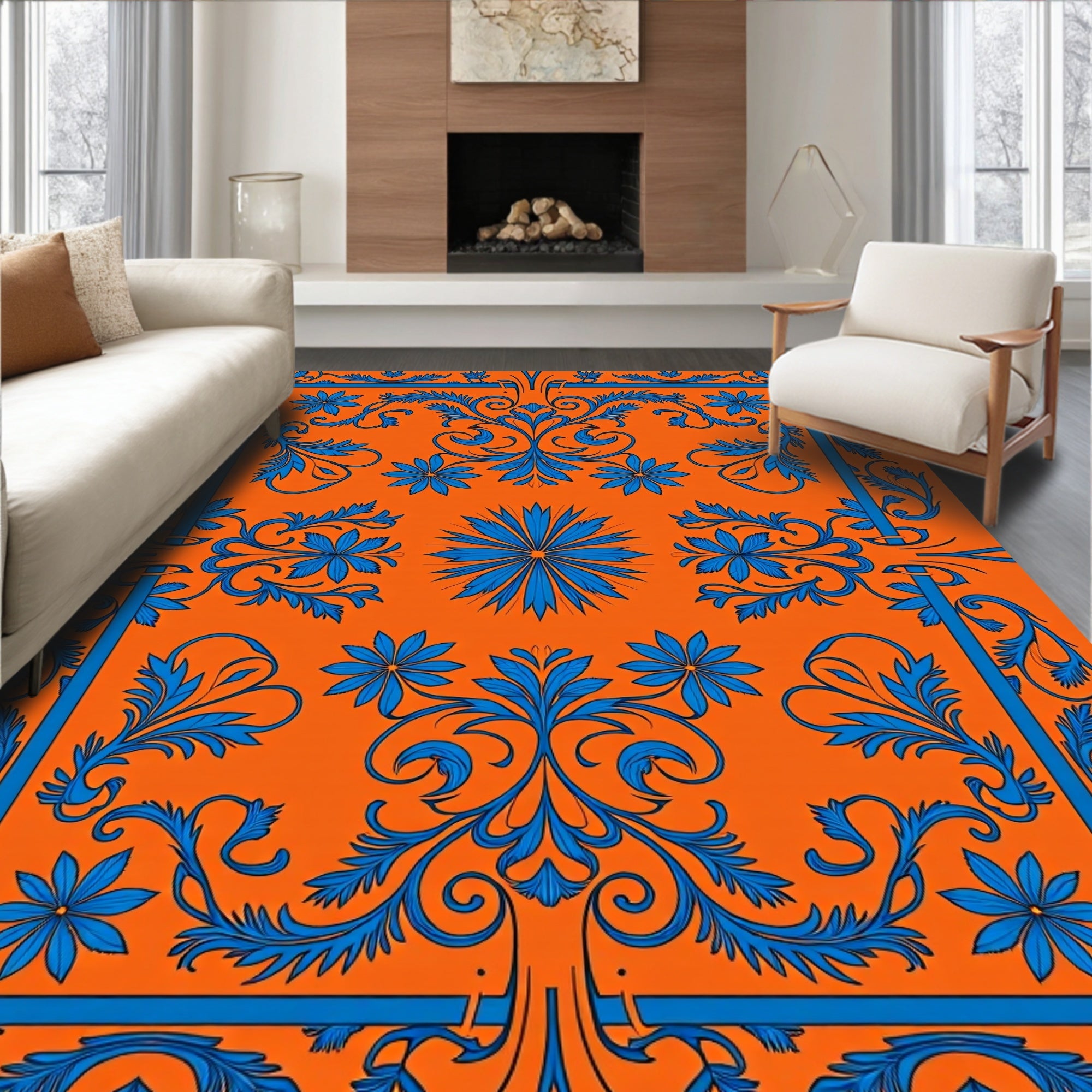 Vibrant Floral Scrollwork Accent Rug