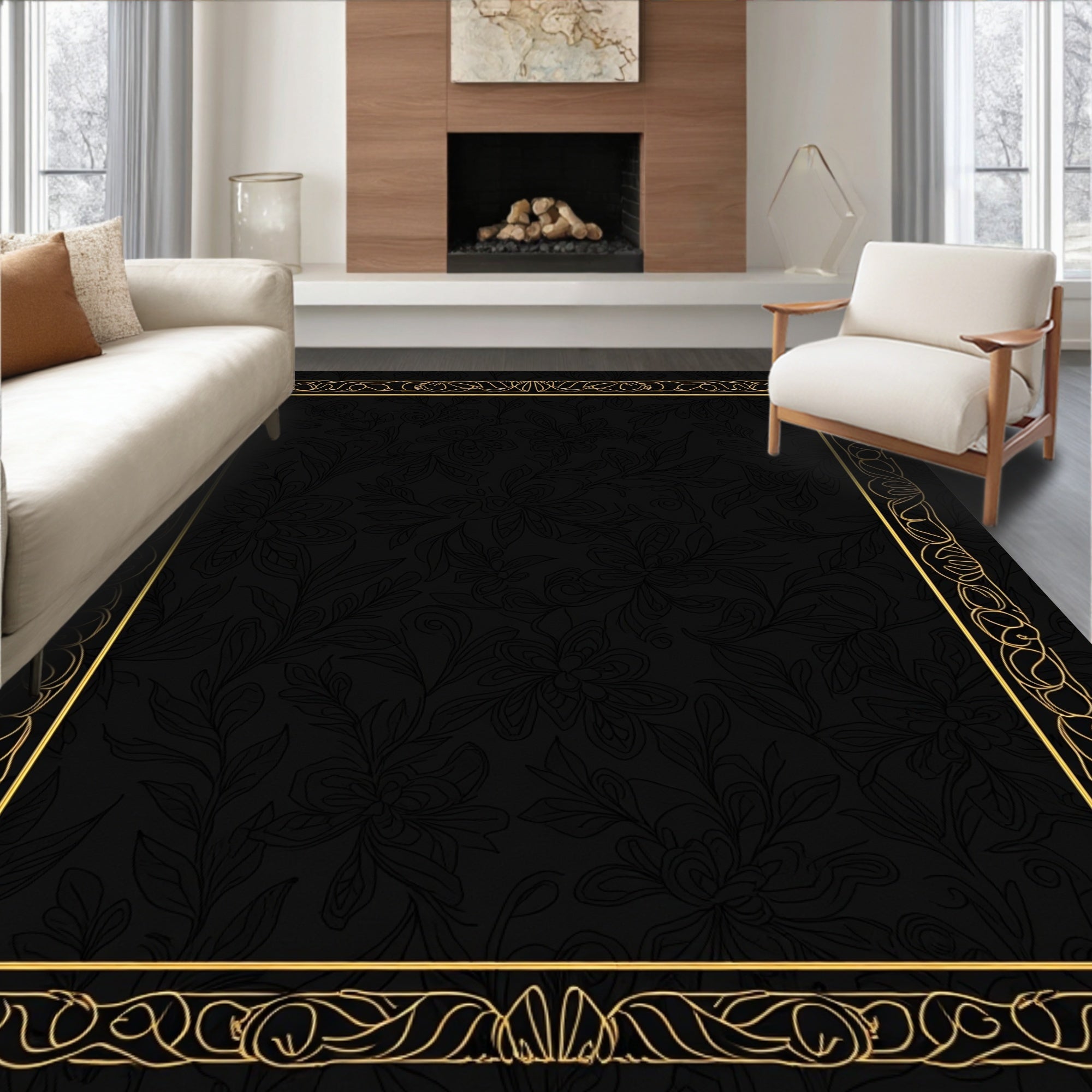 Black Floral With Gold Detailed Border Rug
