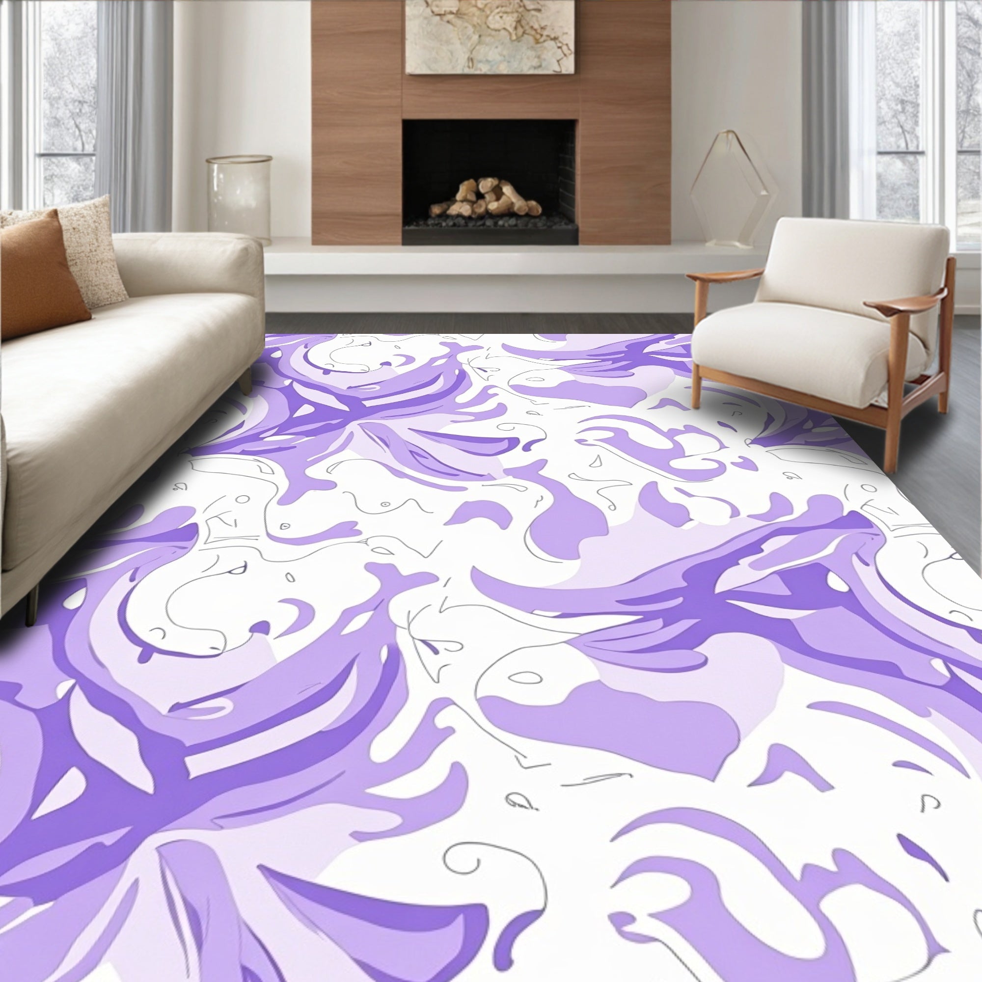 Abstract Lavender Swirl Floral Design Rug