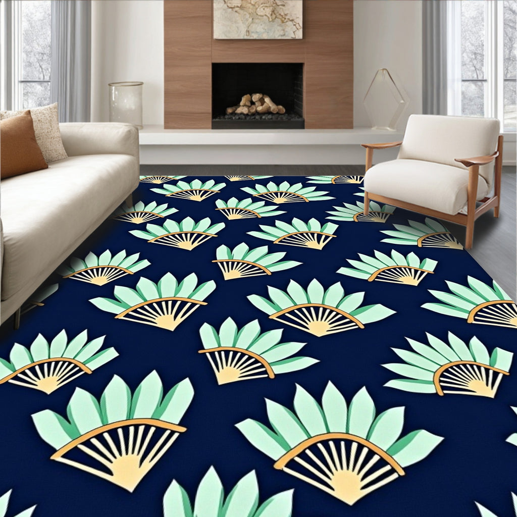 Mint Fan Pattern Navy Rug