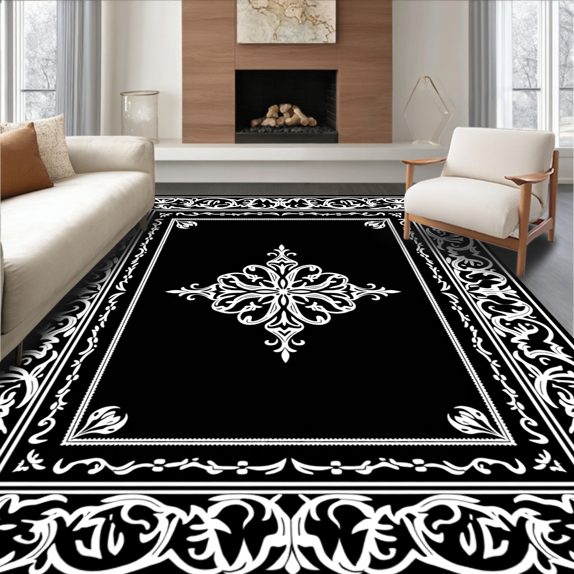 Black White Ornate Floral Scrollwork Rug