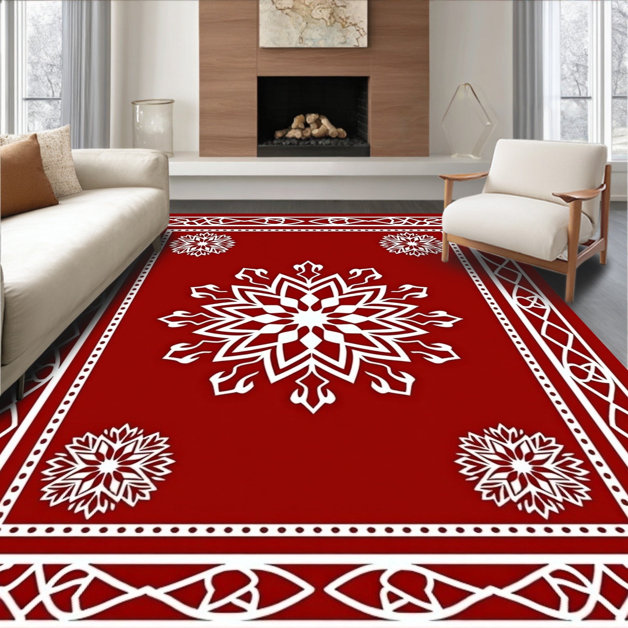 Red Snowflake Patterned Traditional Rug