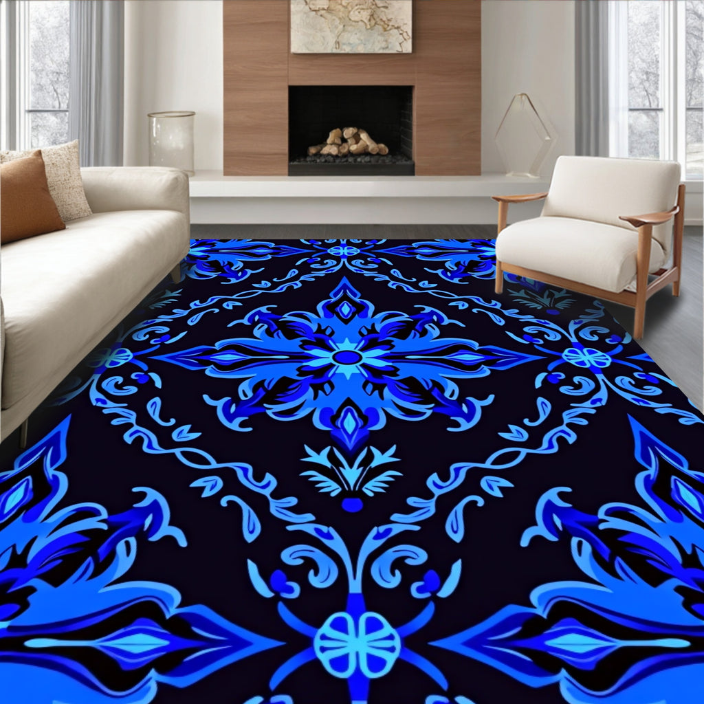 Intricate Blue Floral Scroll Pattern Rug