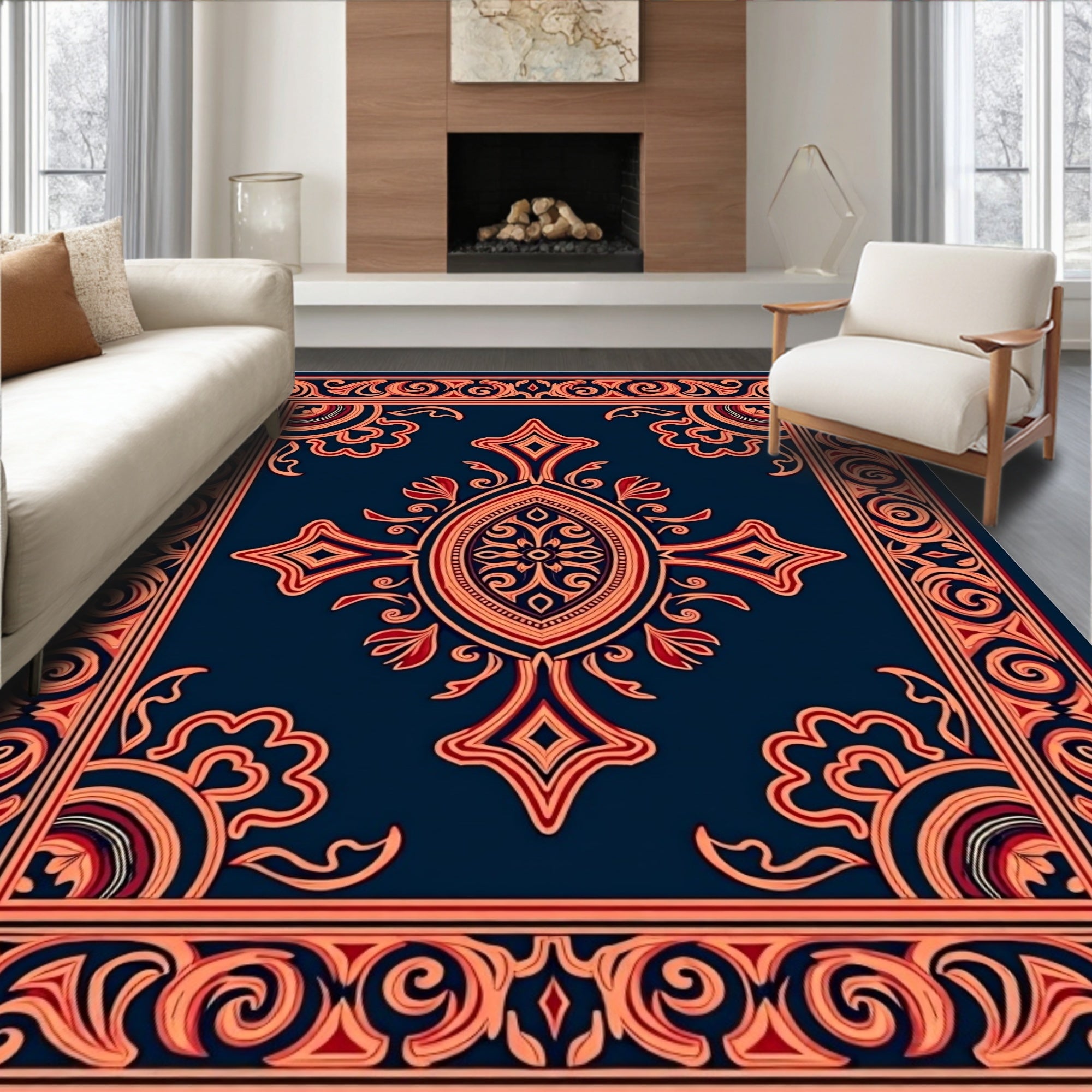 Ornate Red Orange Floral Pattern Rug