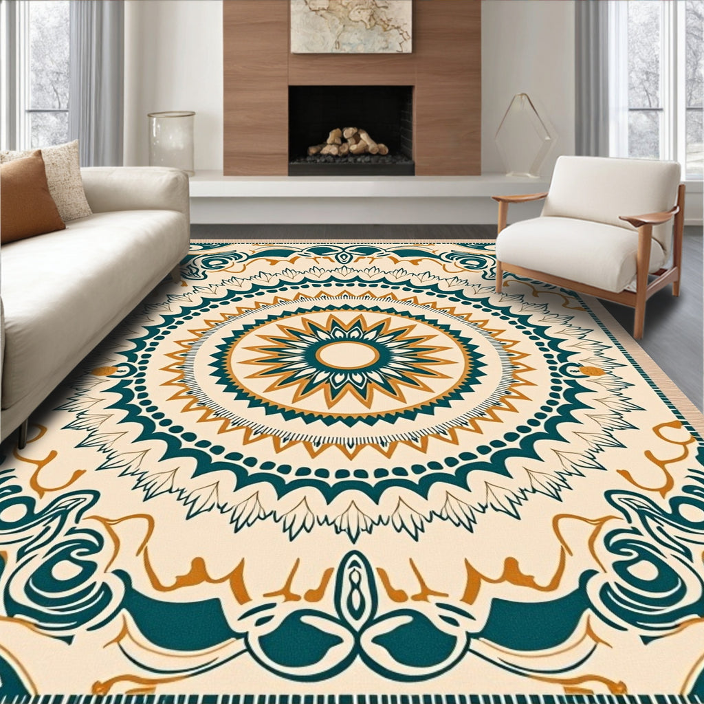 Teal Ochre Sunburst Mandala Rug