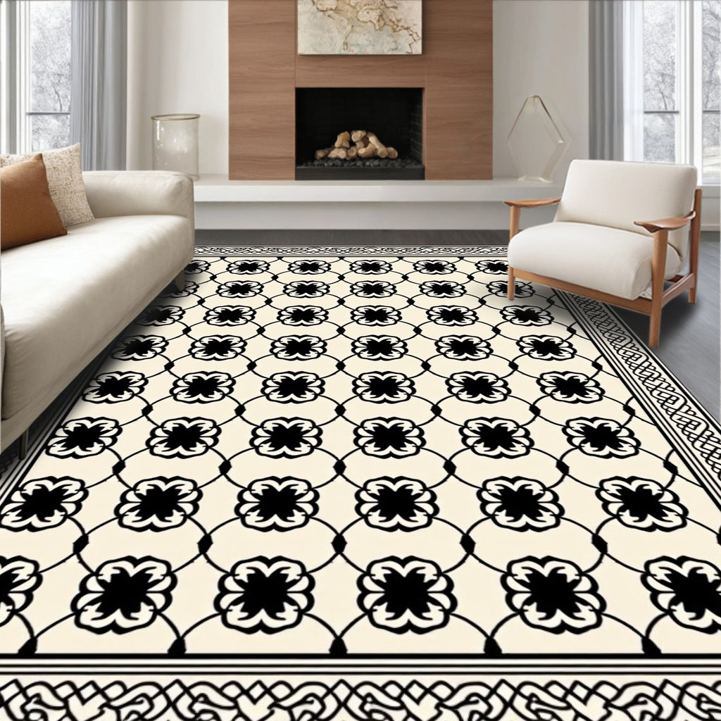Stunning Black Cream Clover Pattern Rug