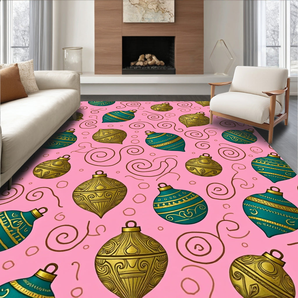 Teal Gold Festive Ornaments Swirls Rug