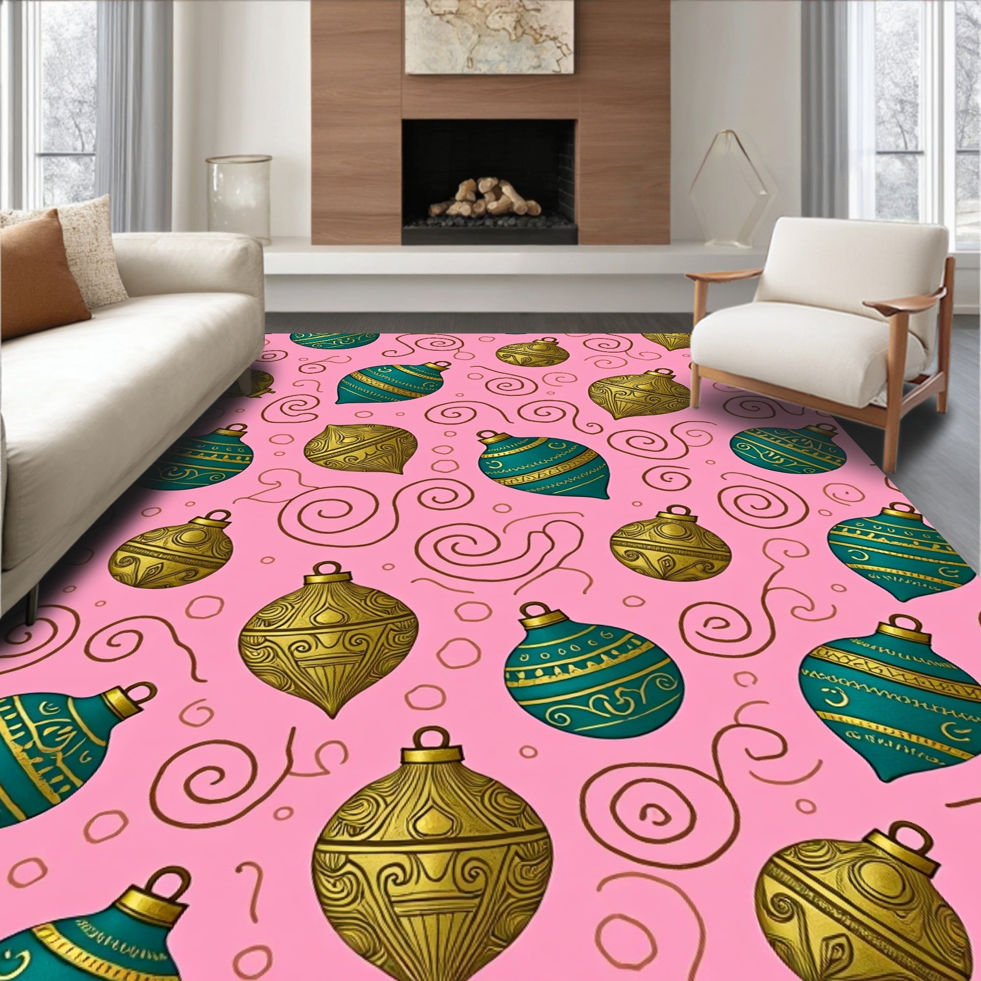 Teal Gold Festive Ornaments Swirls Rug