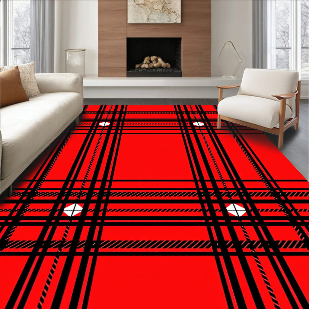 Bold Red Black Plaid Pattern Rug