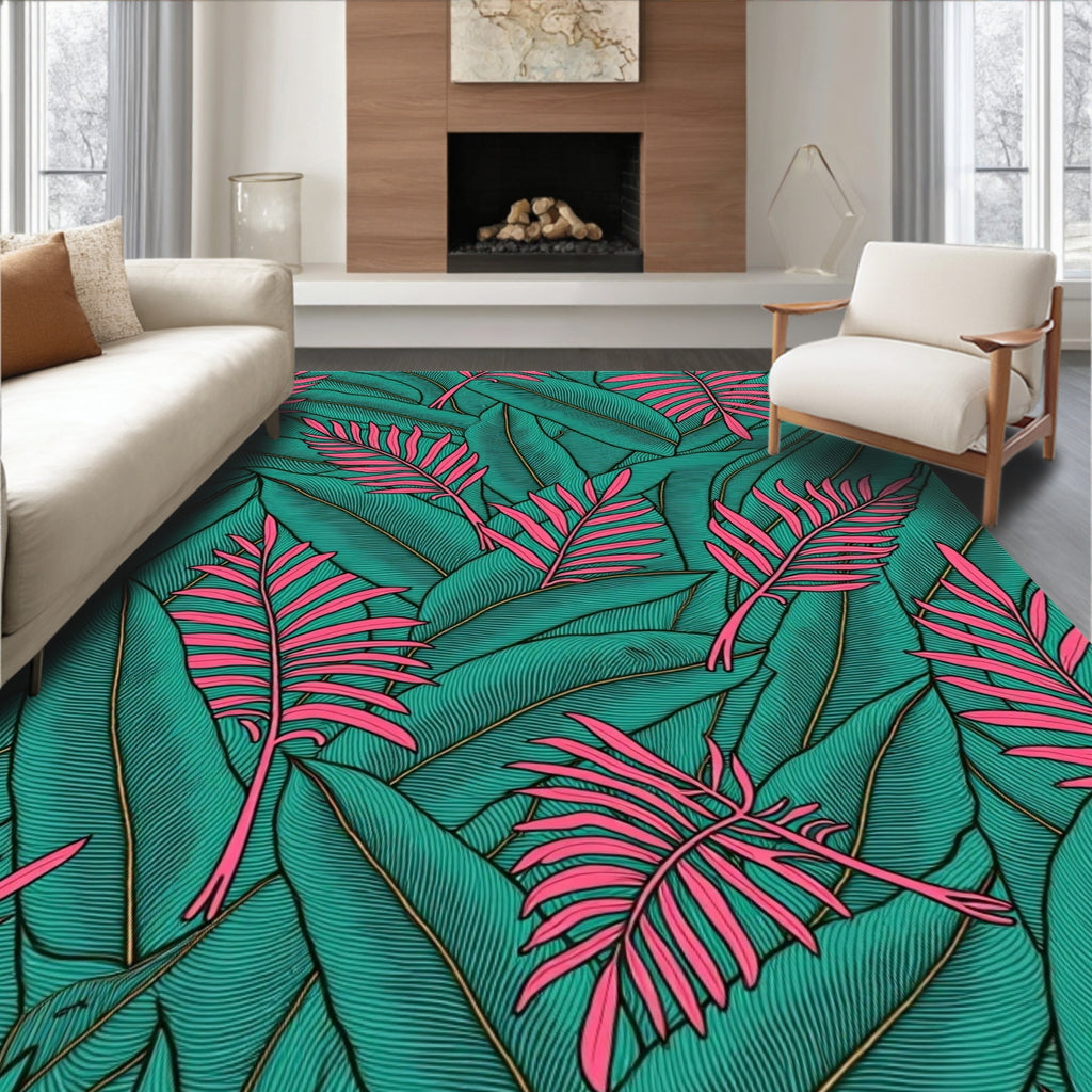 Tropical Teal Pink Palm Leaf Collage Rug